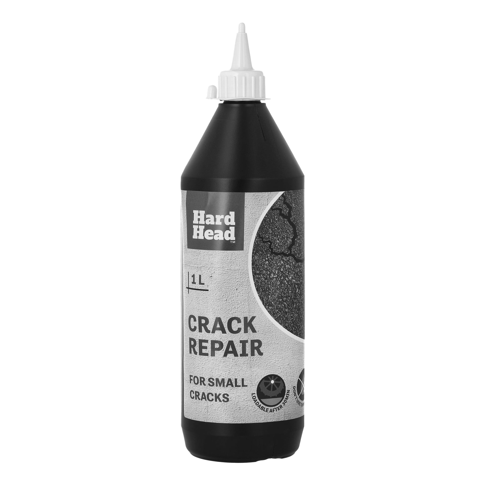 1 litran Hard Head Crack Repair -pullo, joka on tarkoitettu pienten halkeamien korjaamiseen ja jossa on terävä suutin. Harmaassa etiketissä on lihavoidut mustat tekstit ja siinä on kuva haljenneesta pinnasta.