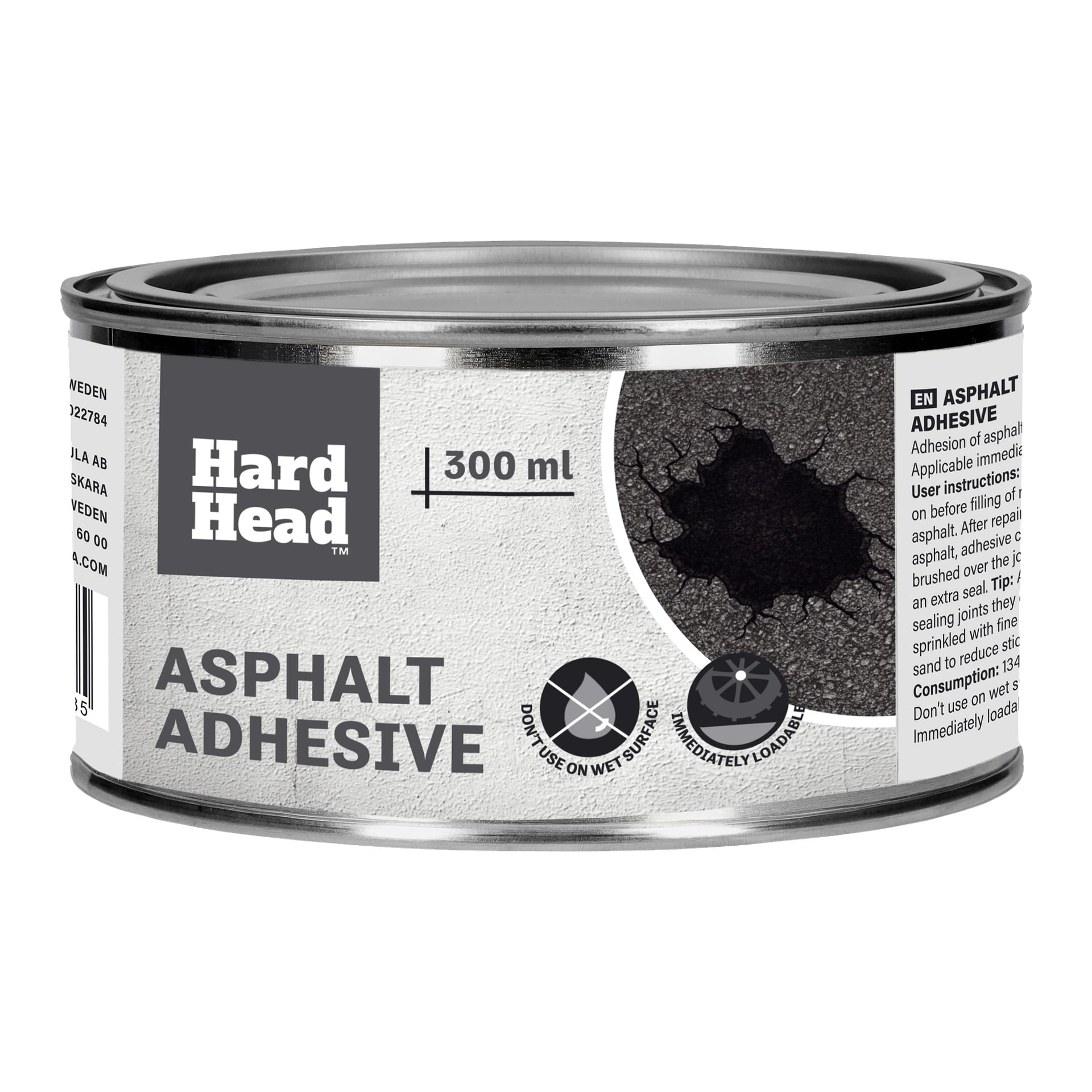 300 ml Hard Head Asphalt Glue -purkki, jossa on merkintä tuotemerkillä, käyttöohjeet, varoituskuvakkeet ja kuva haljenneesta asfaltista. Ohjeet kehottavat välttämään levitystä märillä pinnoilla.