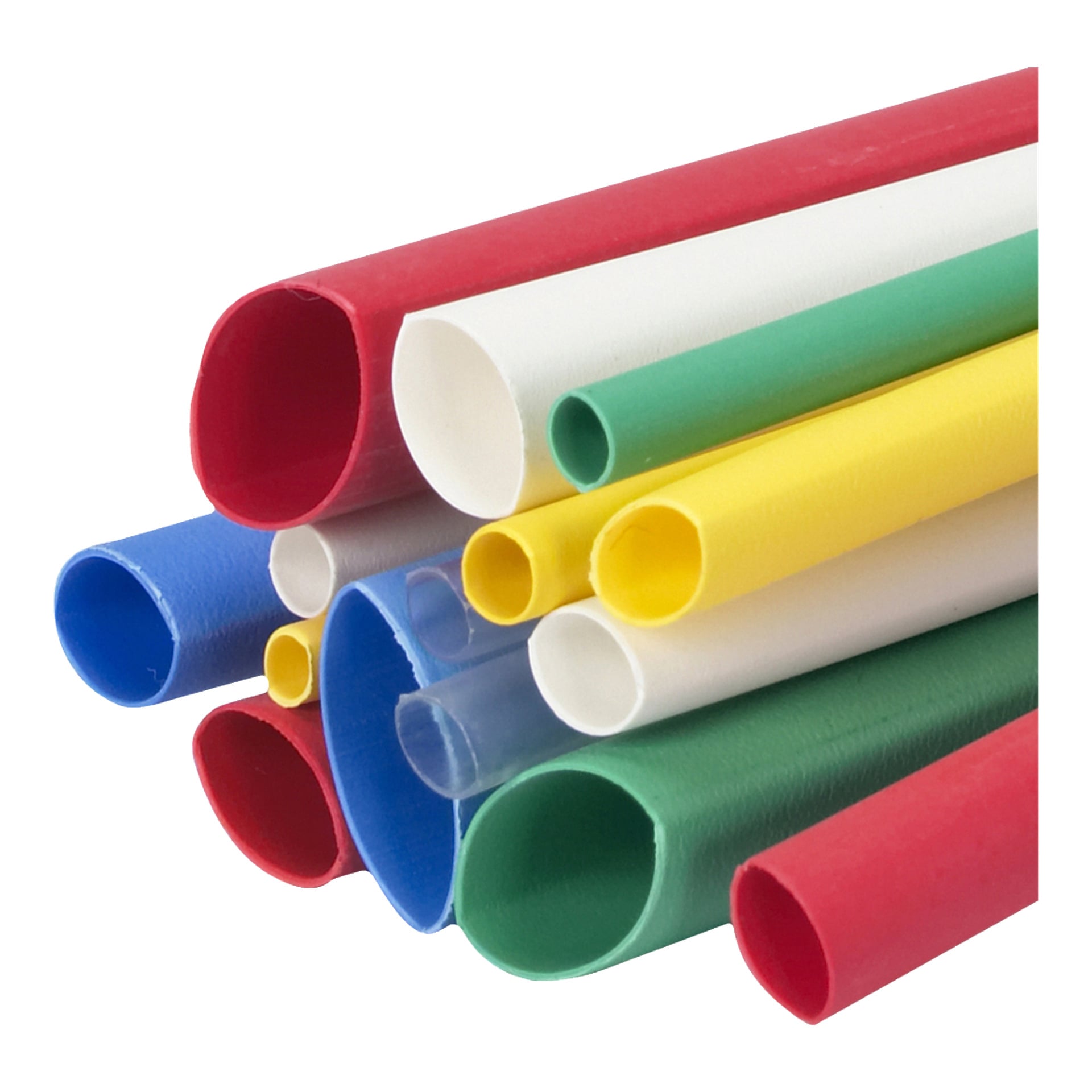 En detaljerad vy av Anslut Heat shrink tube 10-pack, med röda, vita, blå, gula och gröna rör med flera diametrar diagonalt placerade.