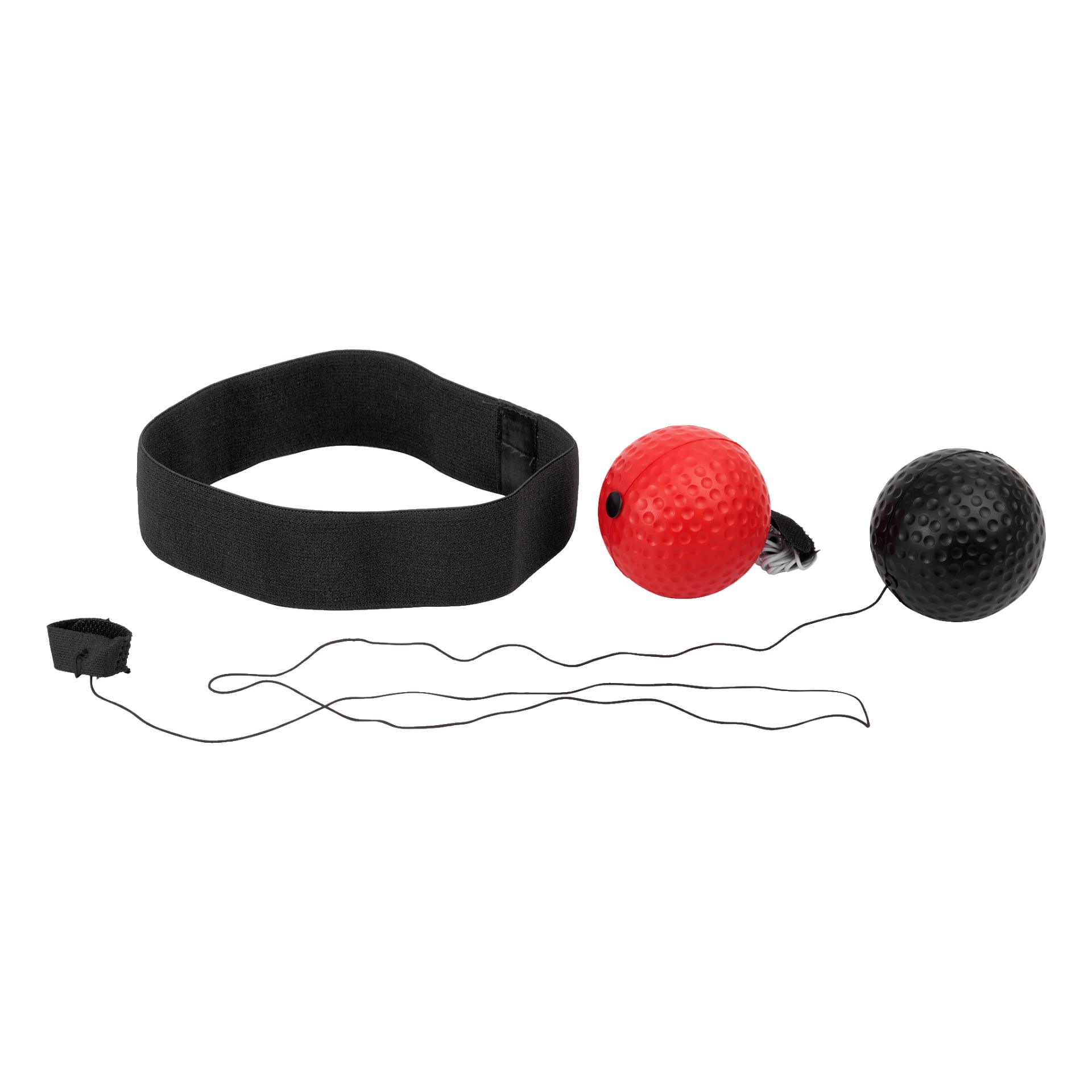Kayoba Boxing Reflex Ball Set innehåller ett svart elastiskt huvudband och tre texturerade bollar – en svart och en röd – alla fästa vid pannbandet med tunna elastiska band.