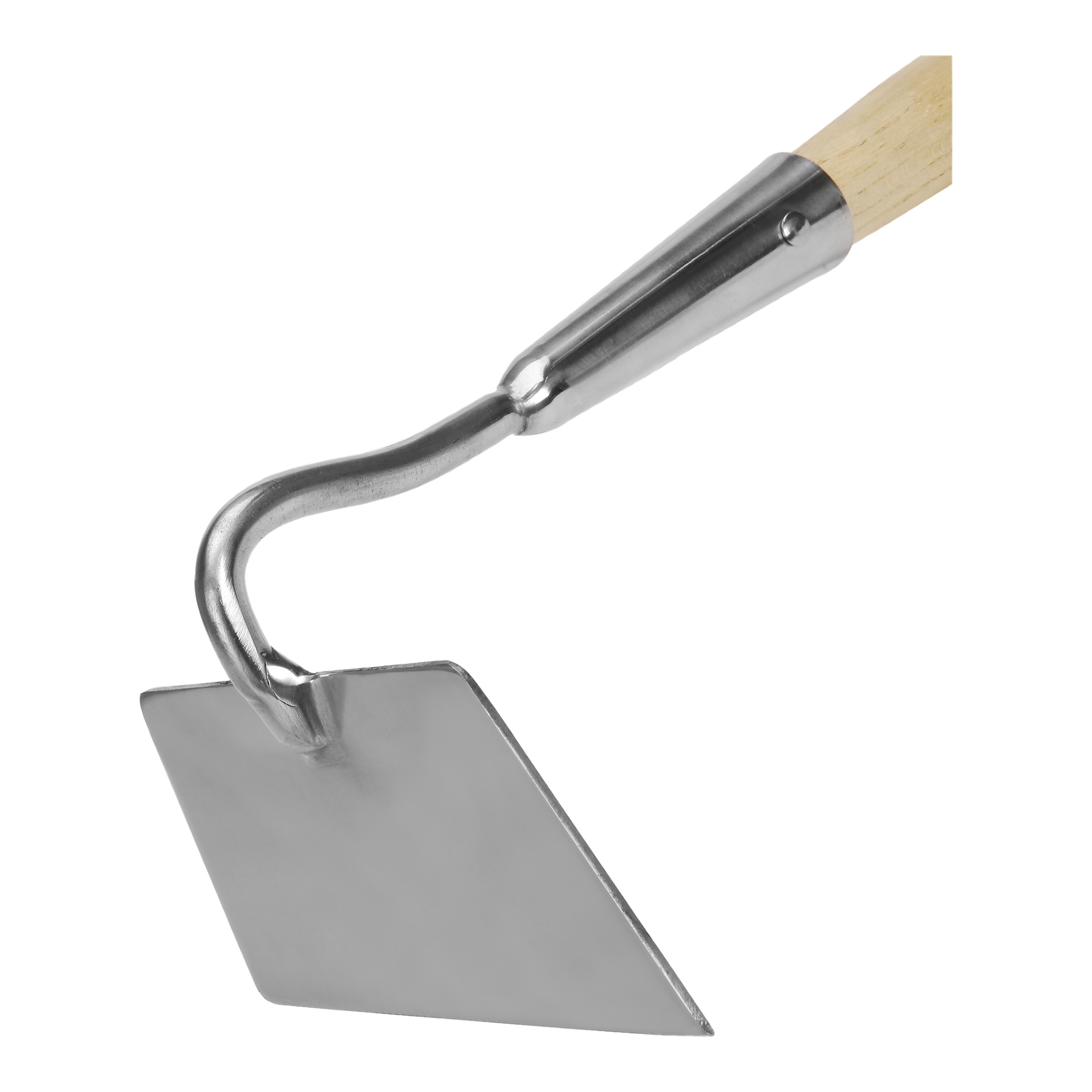 En närbild på Hard Head Garden Hoe med ett trähandtag och ett platt, fyrkantigt metallblad.