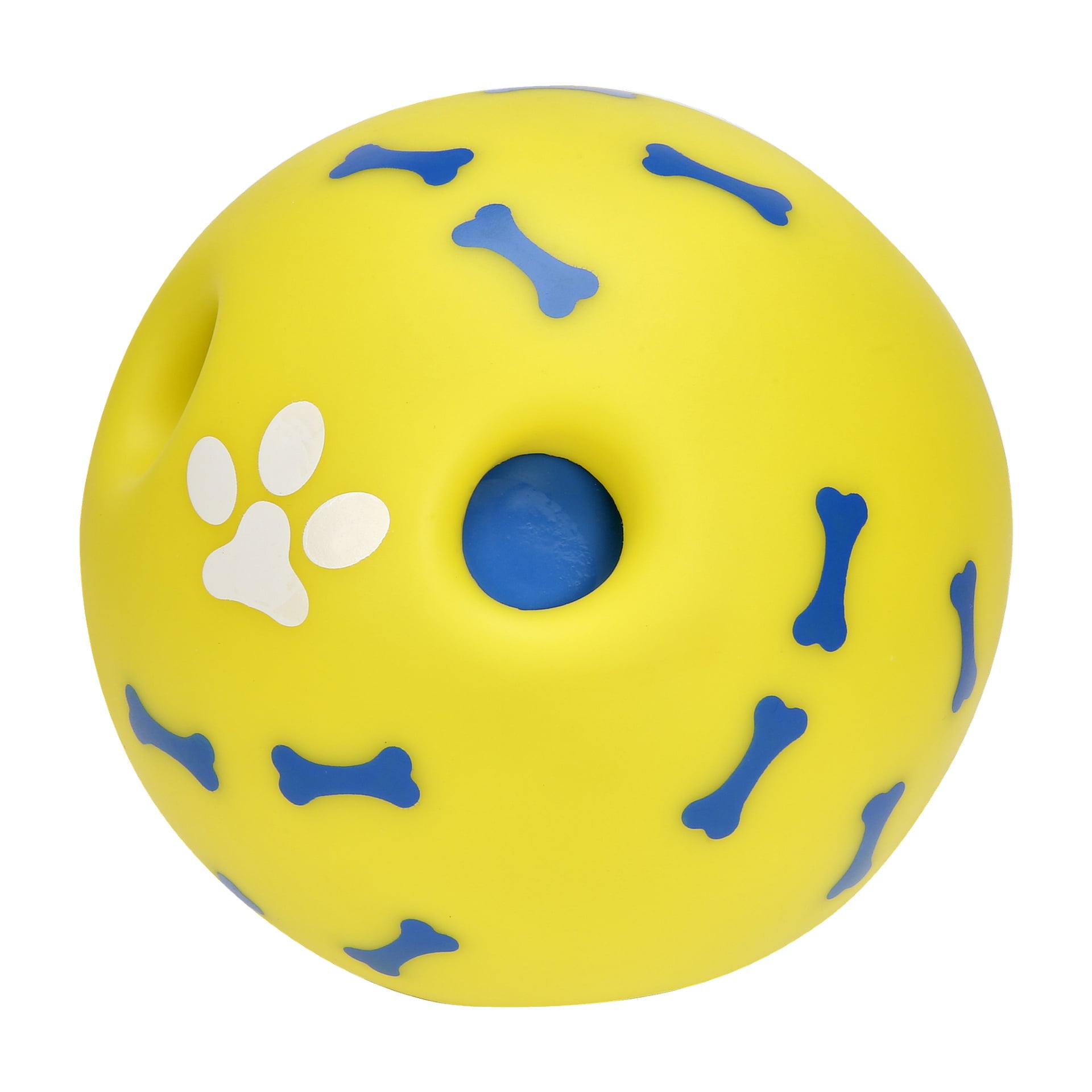 Kayoba Dog -lelu, jossa on ääni, on keltainen kumipallo, joka on koristeltu sinisellä luulla ja valkoisella tassunjäljellä, jossa on kaksi reikää, joista toisessa näkyy sininen sisus.
