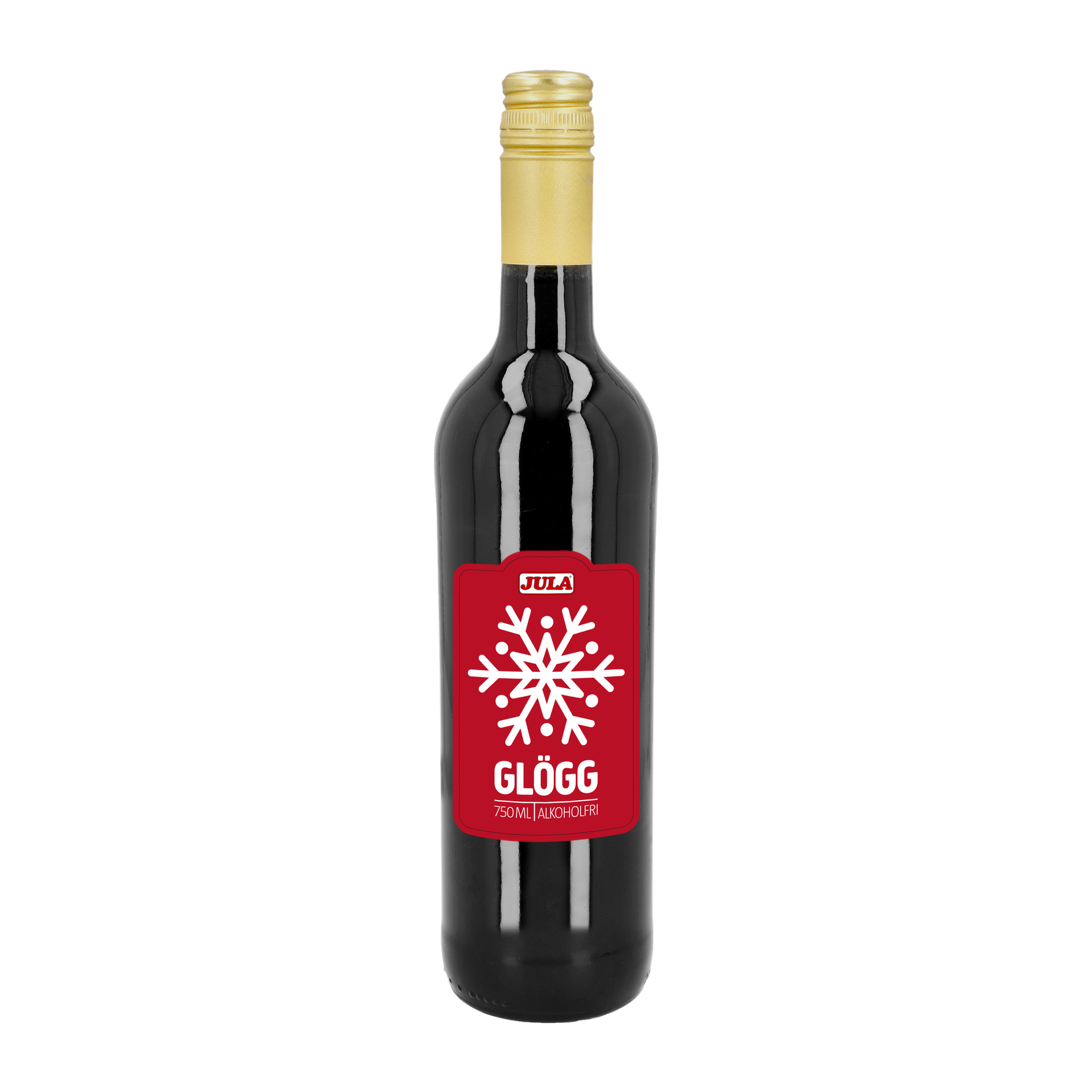 En mörk glasflaska med guldkork och en röd etikett som visade en vit snöflinga och orden "Christmas glögg" från Jula. Denna alkoholfria flaska på 750 ml står upprätt.