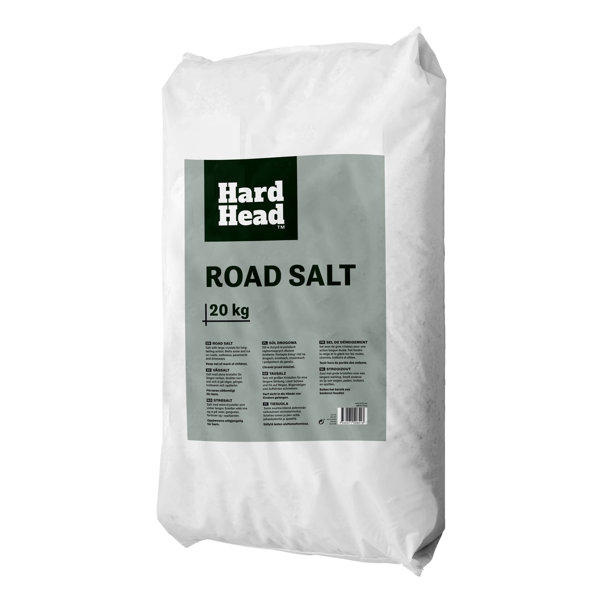 En 20 kg tung vit påse Hard Head Road Salt med produktdetaljer och användningsanvisningar tryckta på framsidan. Väskan är oöppnad.