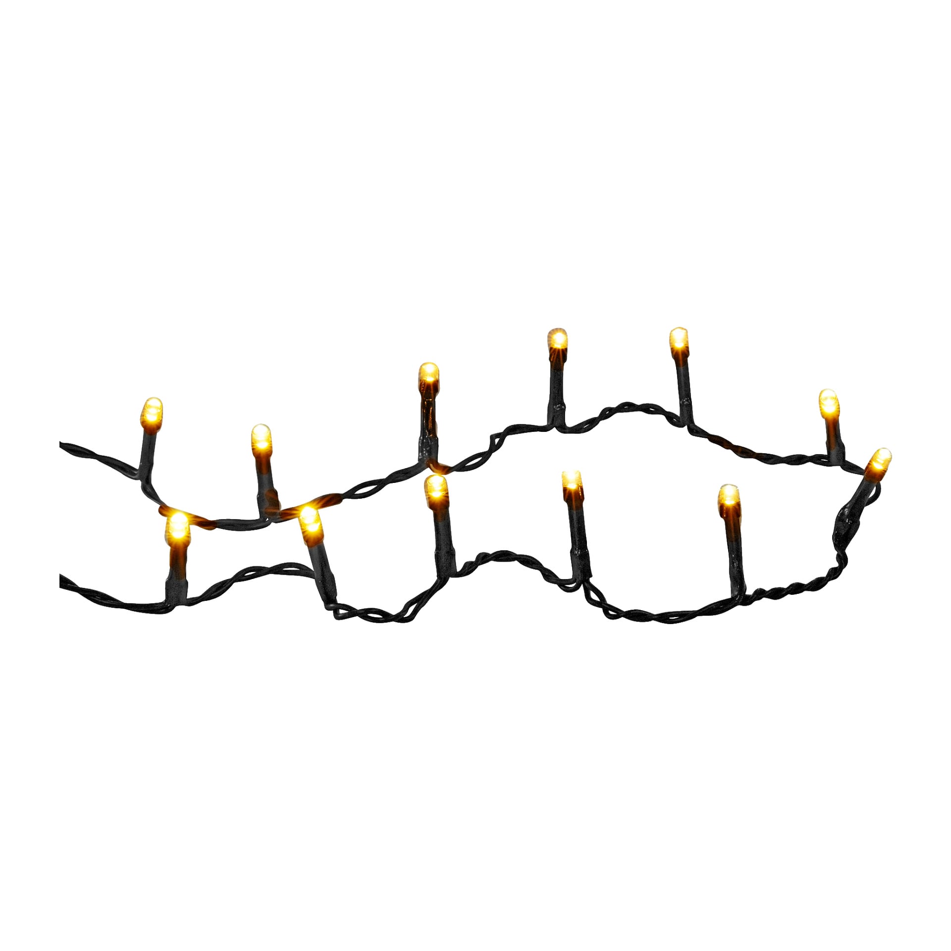 Ett set EKVIP LED-ljusslingor med små orange-gula lampor, jämnt fördelade längs en svart tvinnad tråd, visade tänd.