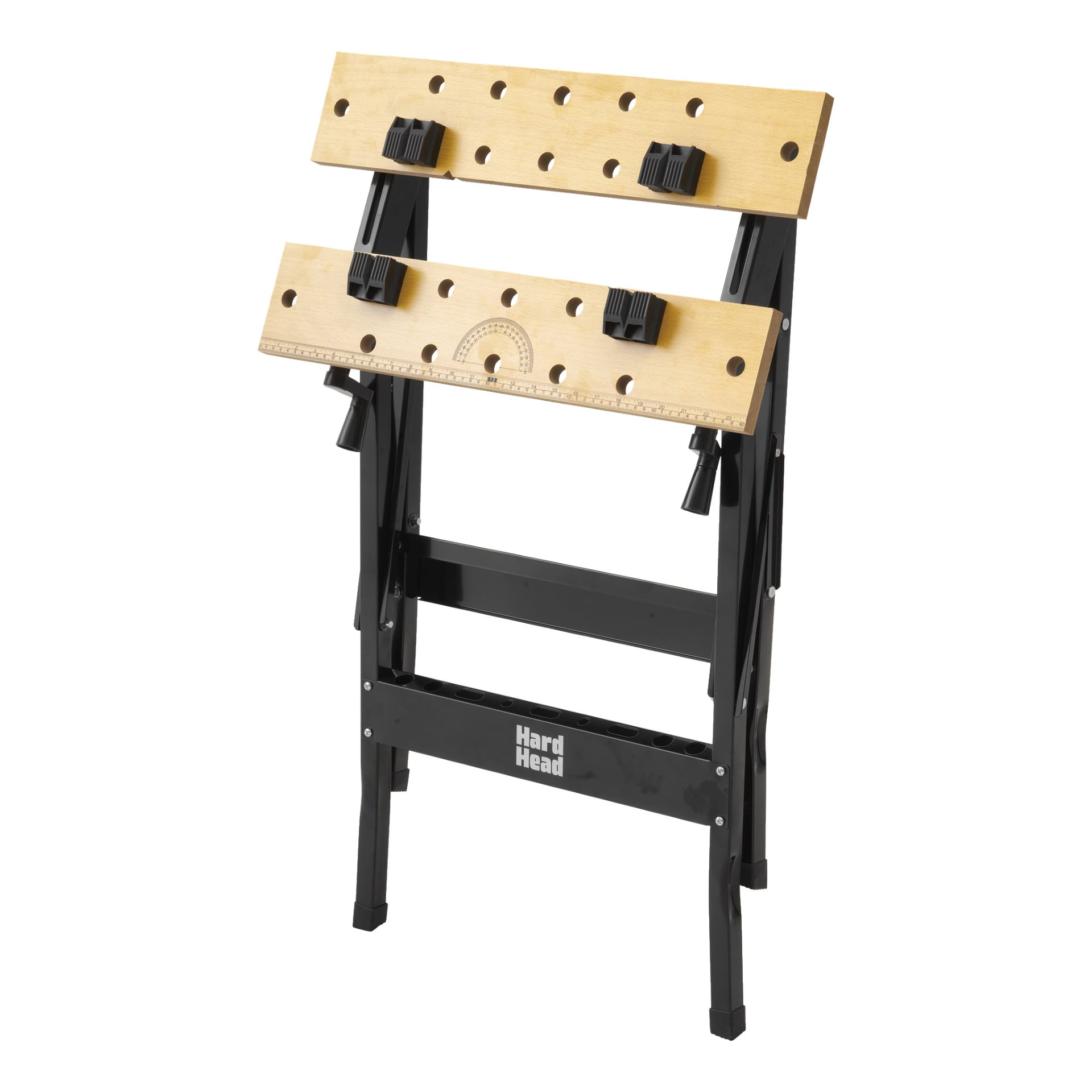 Hard Head Folding Workbench har en robust svart metallram och en träyta med justerbara klämmor och mätmarkeringar. Hard Head-logotypen syns på framsidan och bänken stabiliseras av fyra ben.