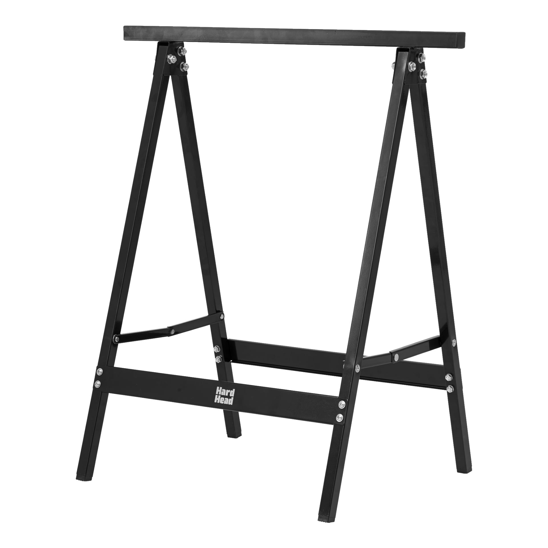 En robust svart metallarbetstrestle med fyra lutande ben som är sammanfogade med horisontella stödstänger och säkrade med bultar. Sidobaren bär varumärket Hard Head.