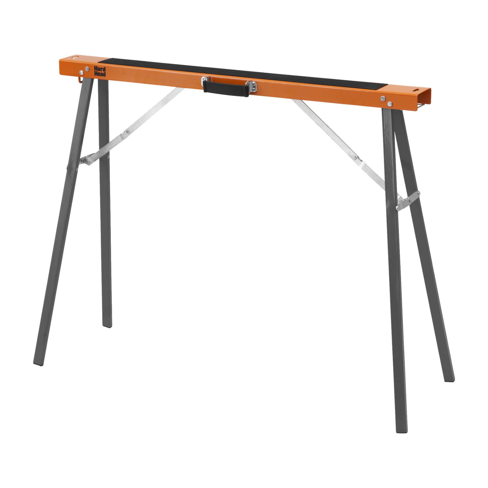 En Hard Head Folding arbetstrestle med orange toppstång, svart bärhandtag och fyra grå ben—två per sida—säkrade med starka metallskenor.