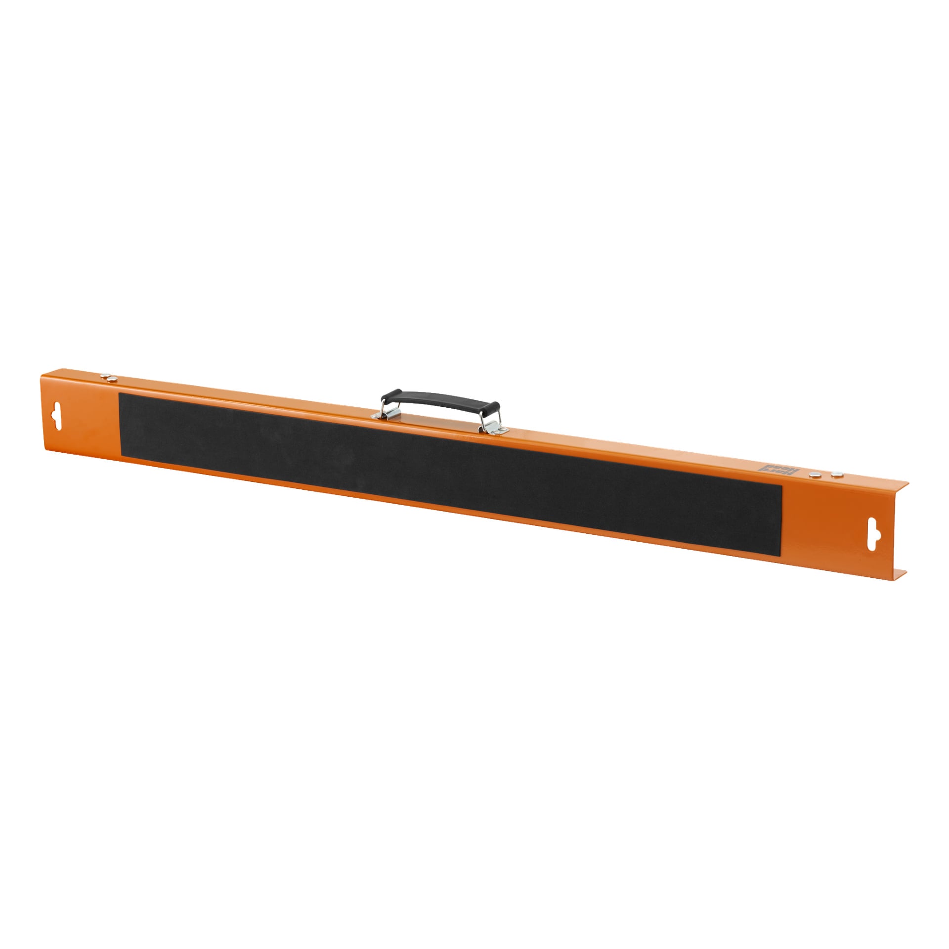 En hård huvudfällbar arbetstrestle med en lång, rektangulär orange metallram, accentuerad av en svart remsa i mitten. Den har ett svart handtag på toppen och två monteringshål i varje ände.