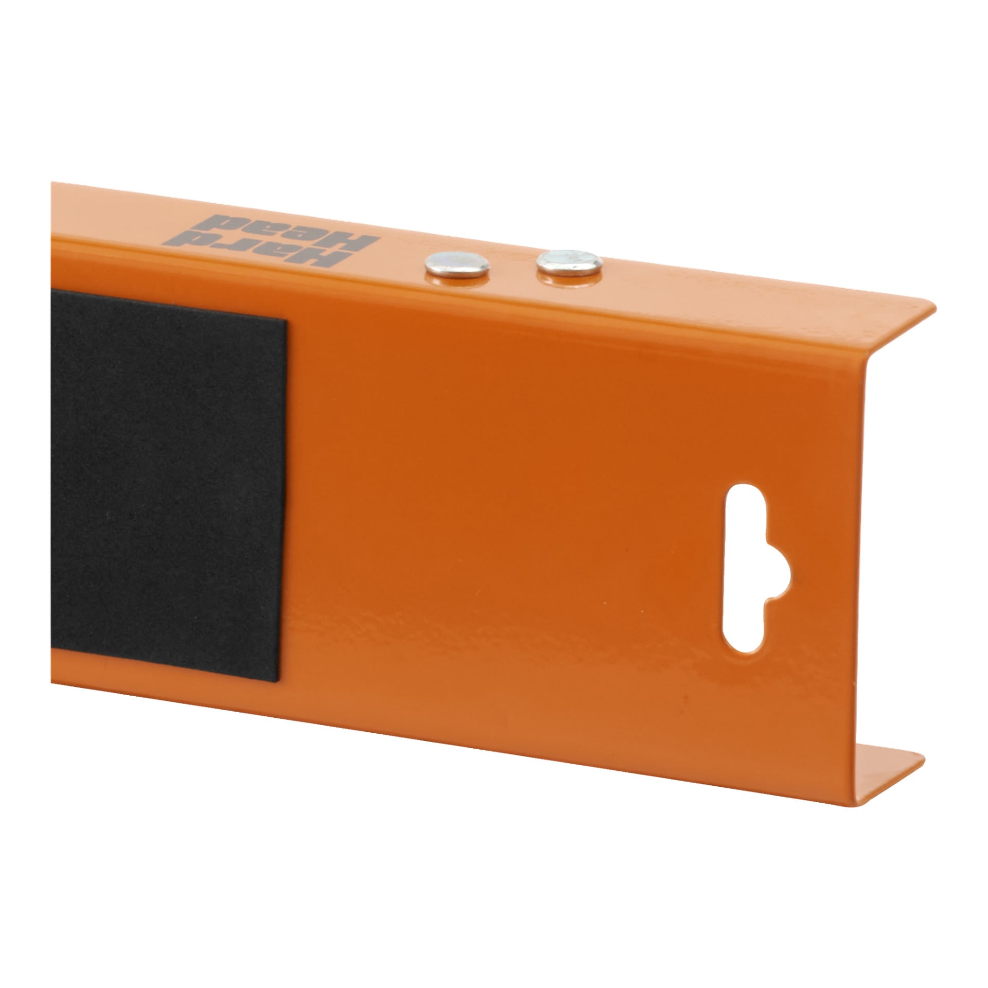 En hård huvud fällbar arbetstrestle med orange metallram, en svart rektangulär pad, två silvernitar och en nyckelhålsformad öppning. Den plana ytan har en rät vinkel längs ena kanten.