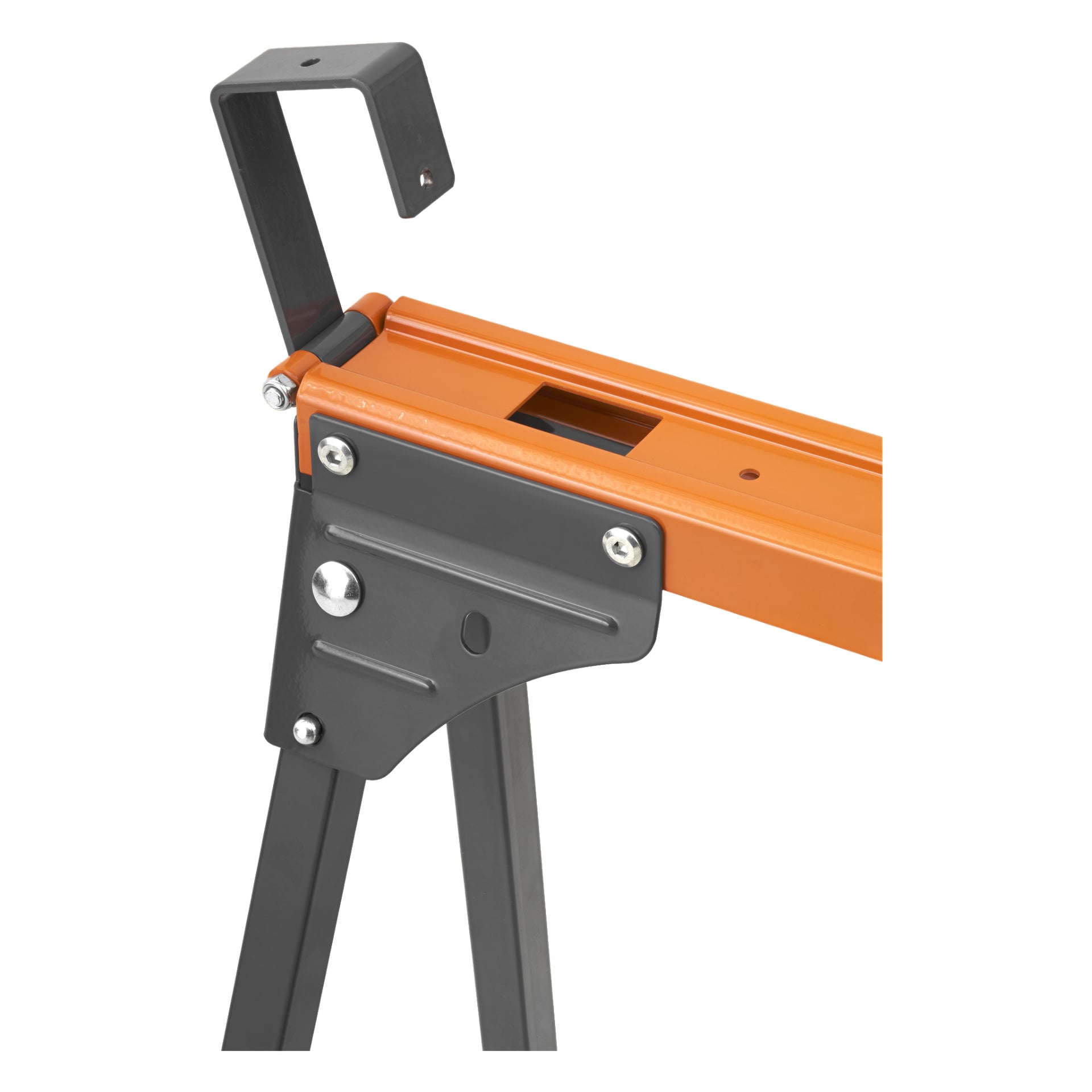 Detaljert visning av Hard Head Work-broen, designet i oransje og svart med en rektangulær utskjæring, synlige bolter og en svart krok festet i den ene enden. De skrå metallbeina gir solid støtte.