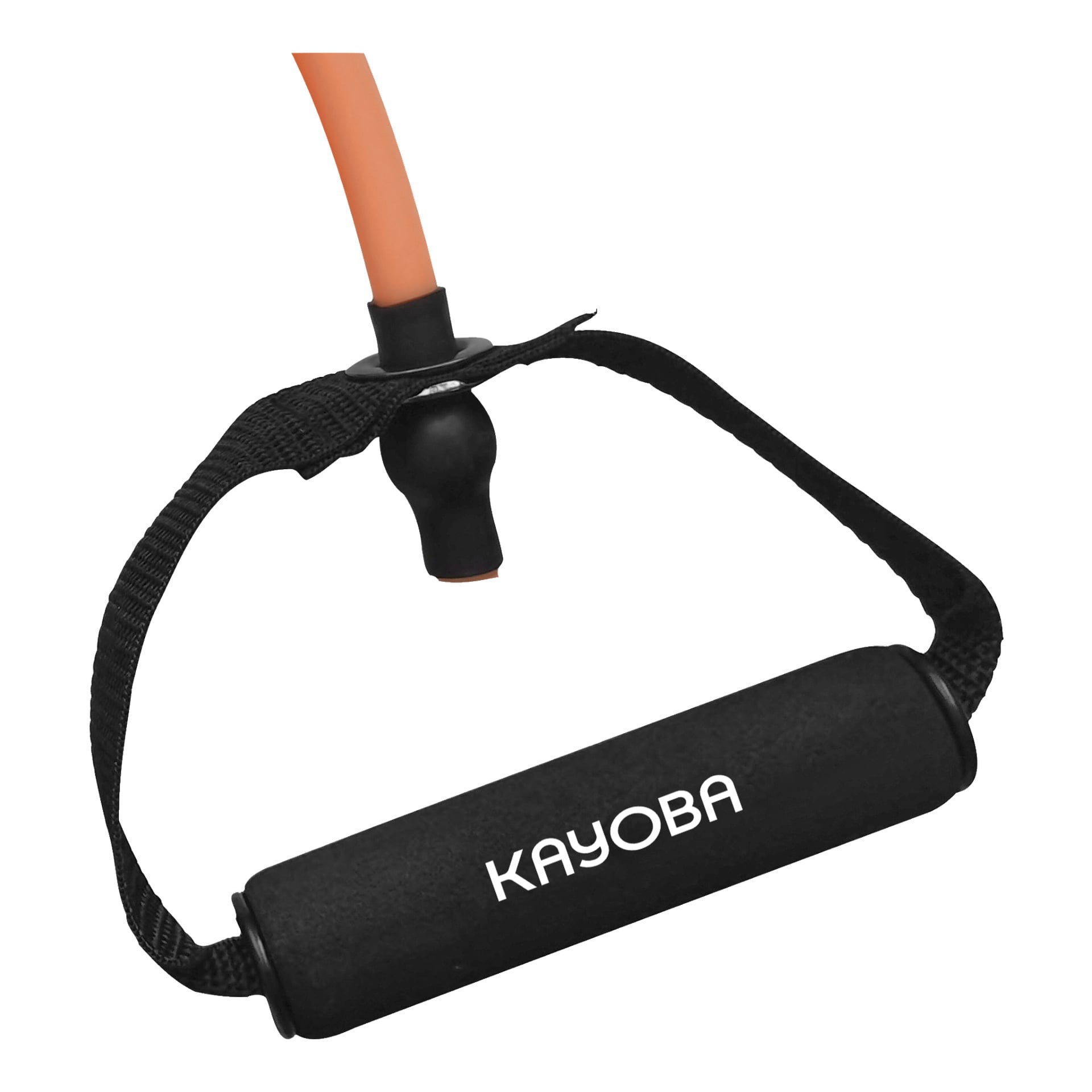 Ett orange Kayoba-träningsband med ett svart skumhandtag märkt "KAYOBA" och en fastsatt svart rem.