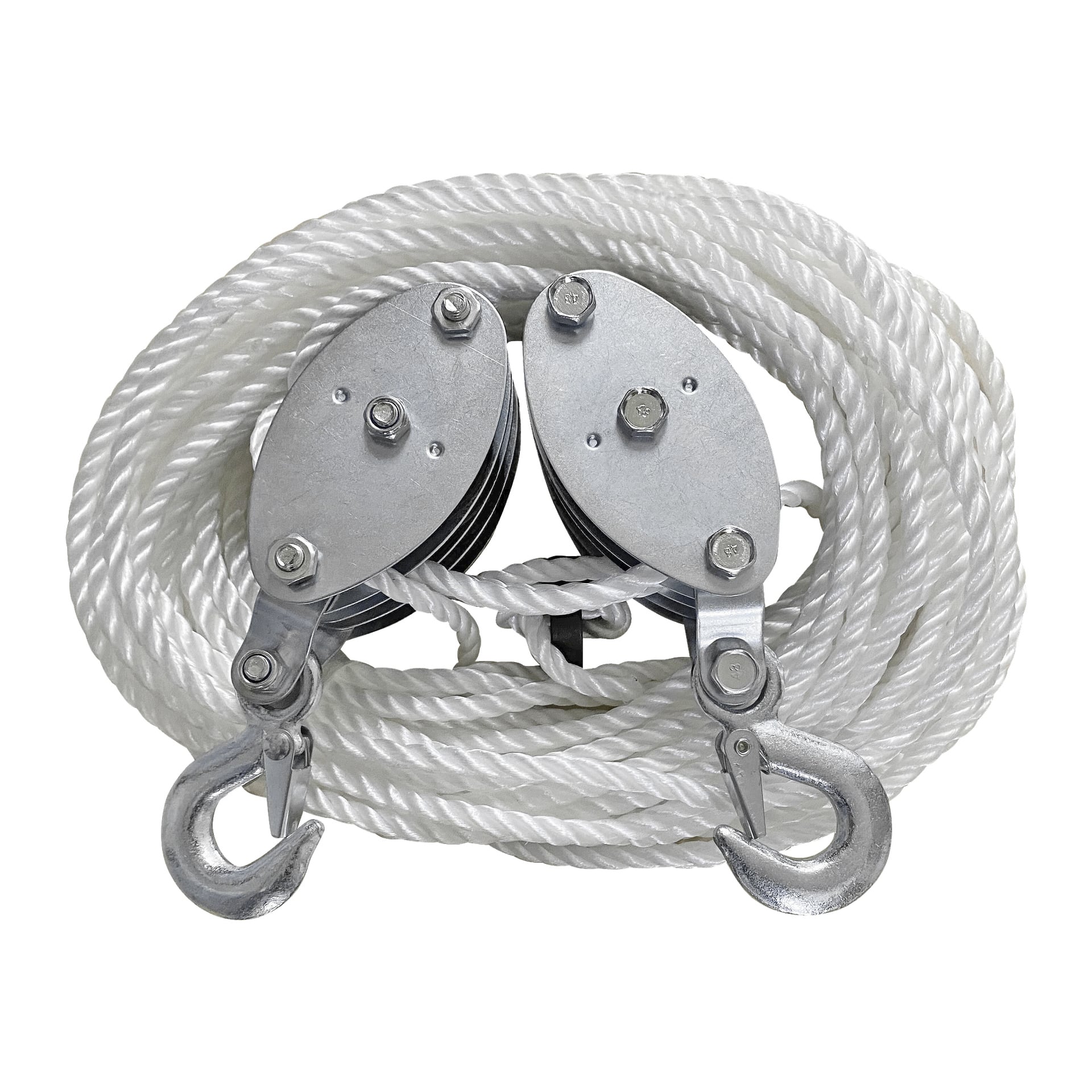 En Meec Tools-trissa med ett prydligt virvlande vitt rep och två metallblock, där varje krok slutar utåt. Blocken och repet är ordnade på ett ordnat sätt.