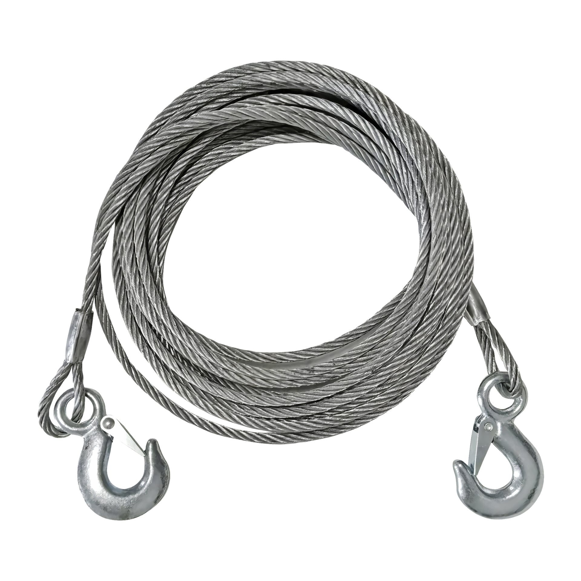 Ein silbernes gewickeltes Stahlseil mit stabilen Metallhaken an beiden Enden, die jeweils durch verstärkte Schlaufen gesichert sind und zum Ziehen oder Befestigen schwerer Gegenstände konzipiert sind.