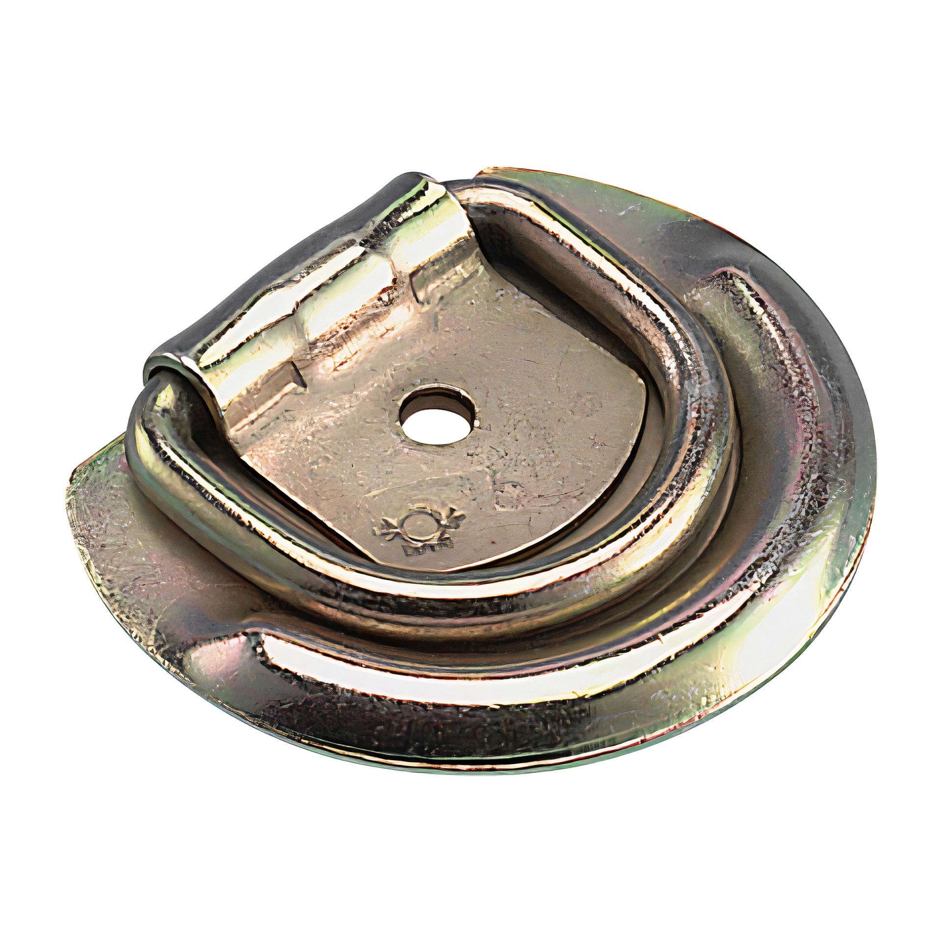 Närbild av Hamron Pad ögon 2-pack, som visar en rund metallbas med ett centralt hål och en fäst, rörlig D-ring för att fästa eller knyta fast föremål. Den robusta konstruktionen syns i metallens blanka, reflekterande yta.