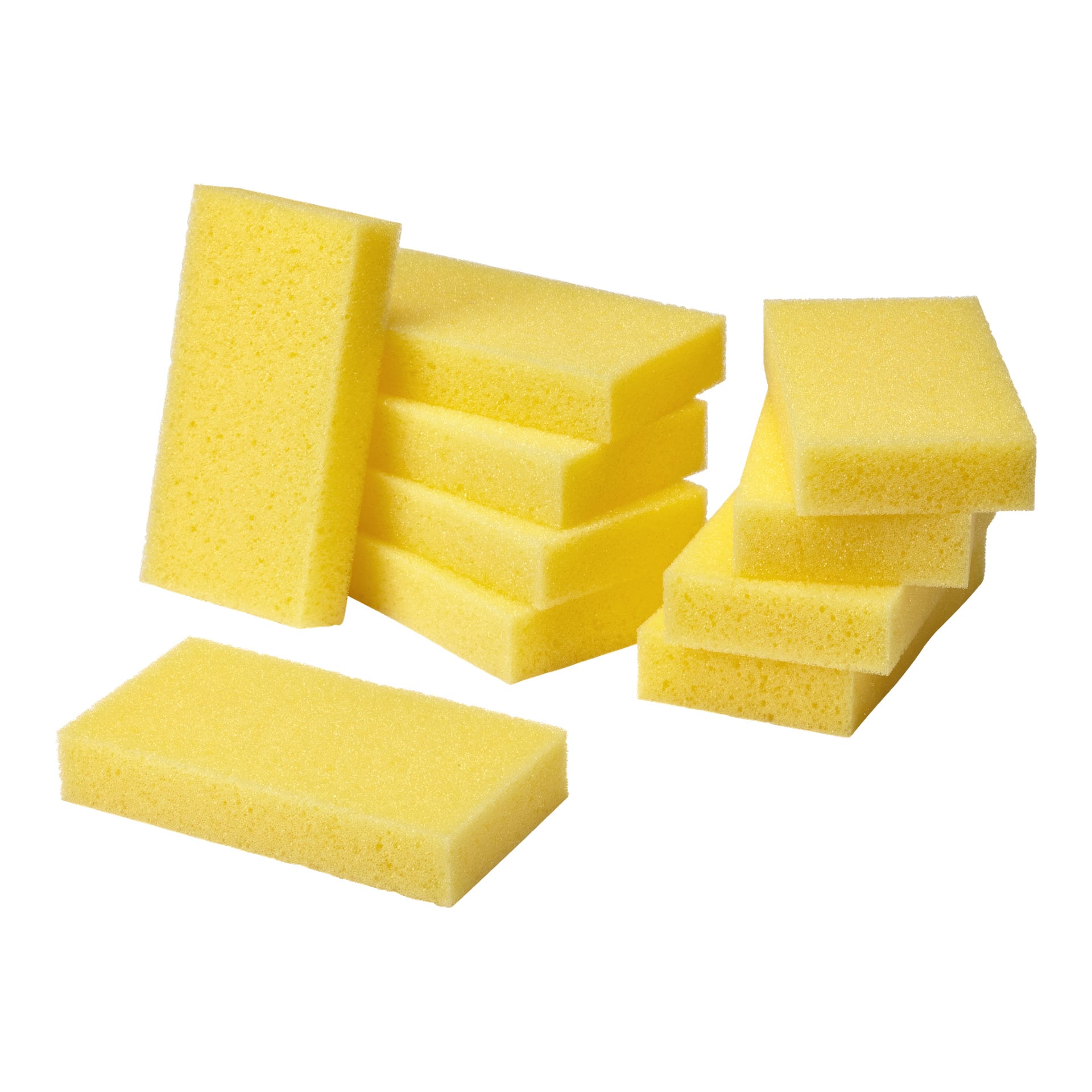 Åtta gula Hamron Sponges märkta schampo 10-pack är ordnade i två små högar och tre singlar.