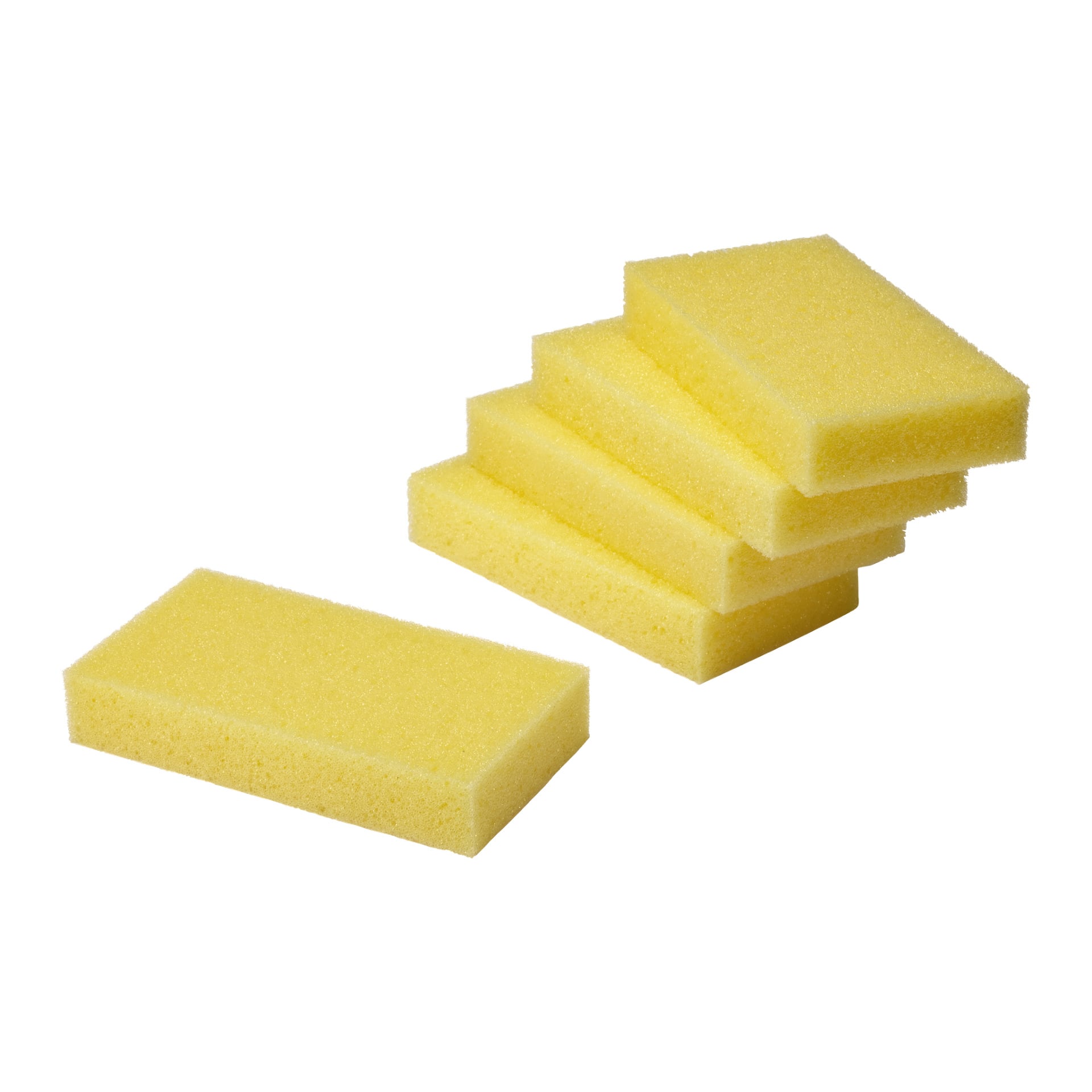 Hamron Sponges 5-packet innehåller fem gula rektangulära svampar, med fyra staplade och en placerad separat längst fram.