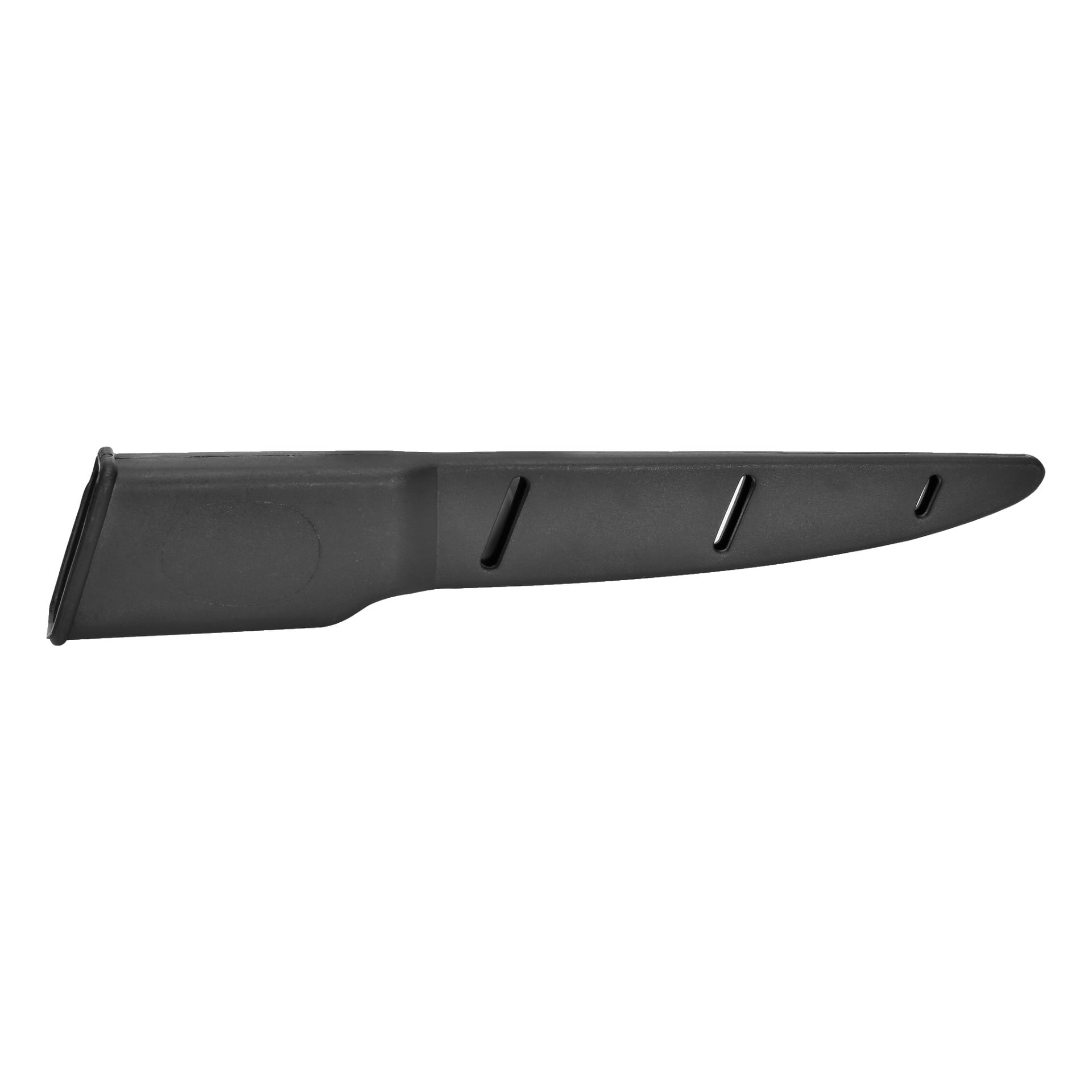 Svart plasthölje designat för Kayoba Fillet-kniven, framställt från en sidovinkel med tre ventilationsspår. Erbjuder bladskydd och säkerställer säker förvaring för kök eller bruk.