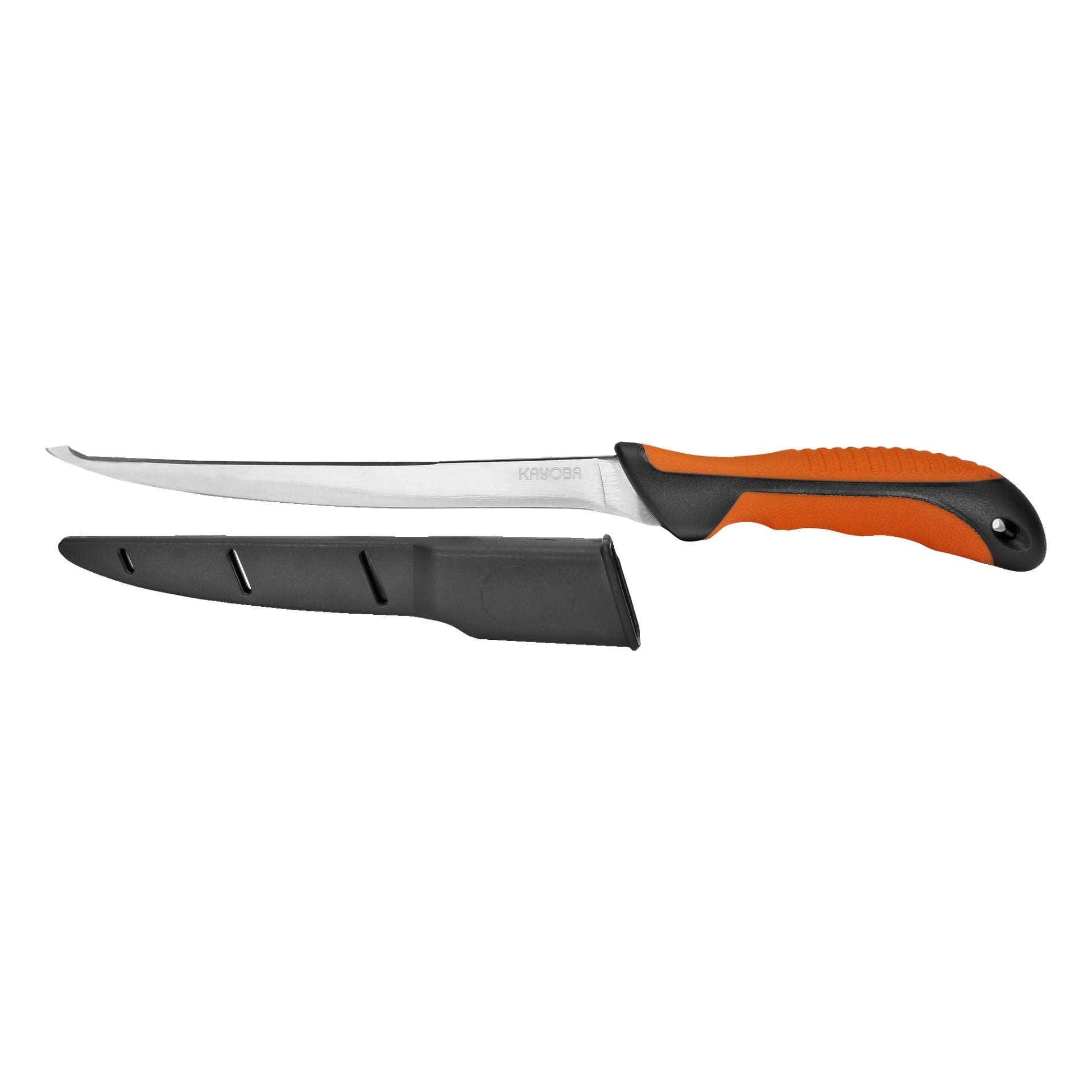 En Kayoba-filékniv med orange och svart handtag vilar ovanpå ett matchande svart plasthölje. Bladet är smalt och lätt böjt, vilket gör det väl lämt för att filéera fisk eller kött.