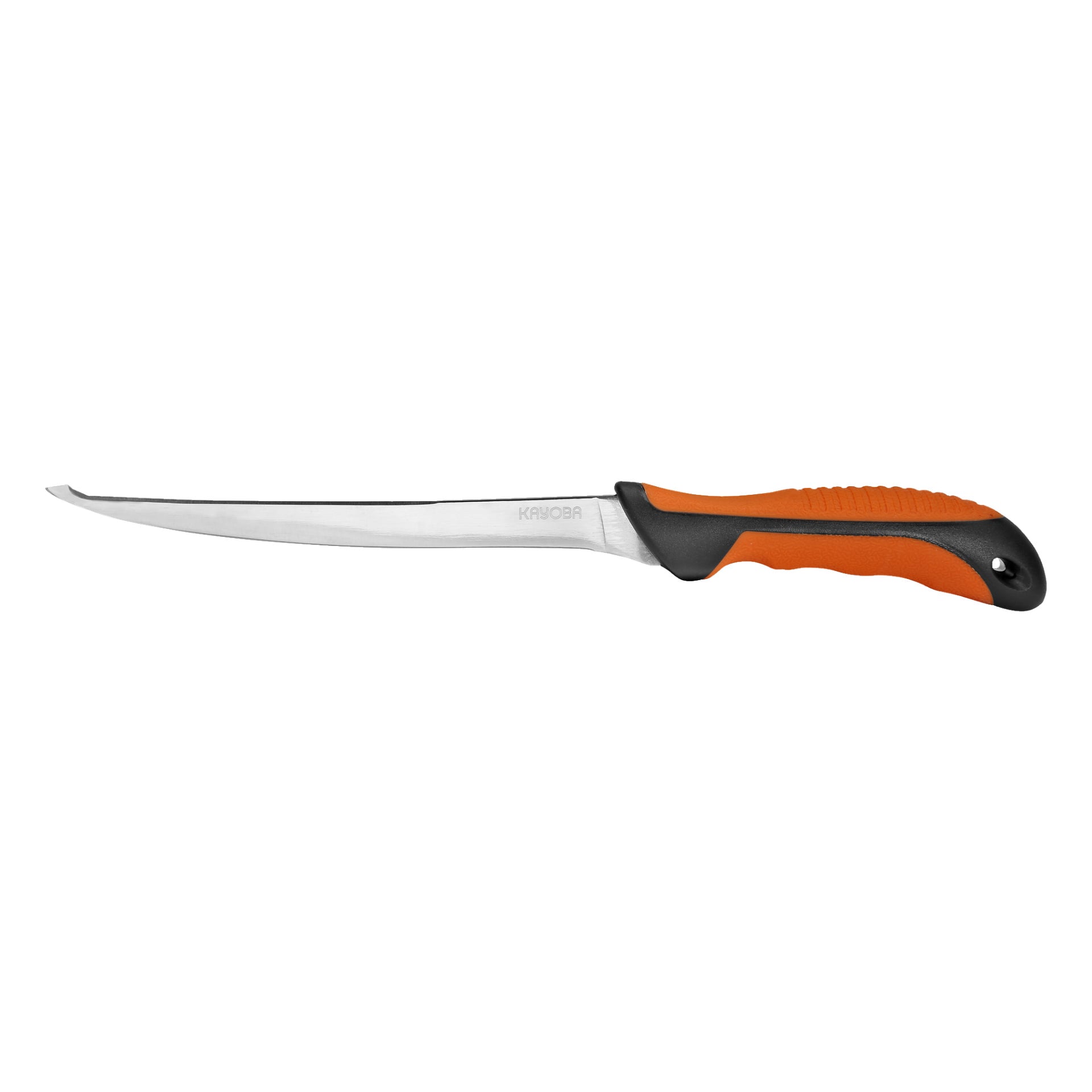 En Kayoba Fillet-kniv med ett smalt, böjt rostfritt stålblad och ett ergonomiskt utformat handtag i orange och svart.