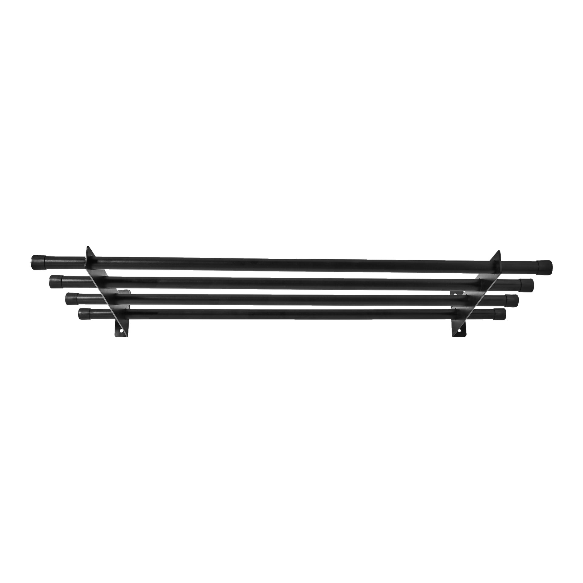 Fyra parallella svarta metallstänger stöds av två vertikala fästen, vilket bildar EKVIP Shoe/Hat Rack.