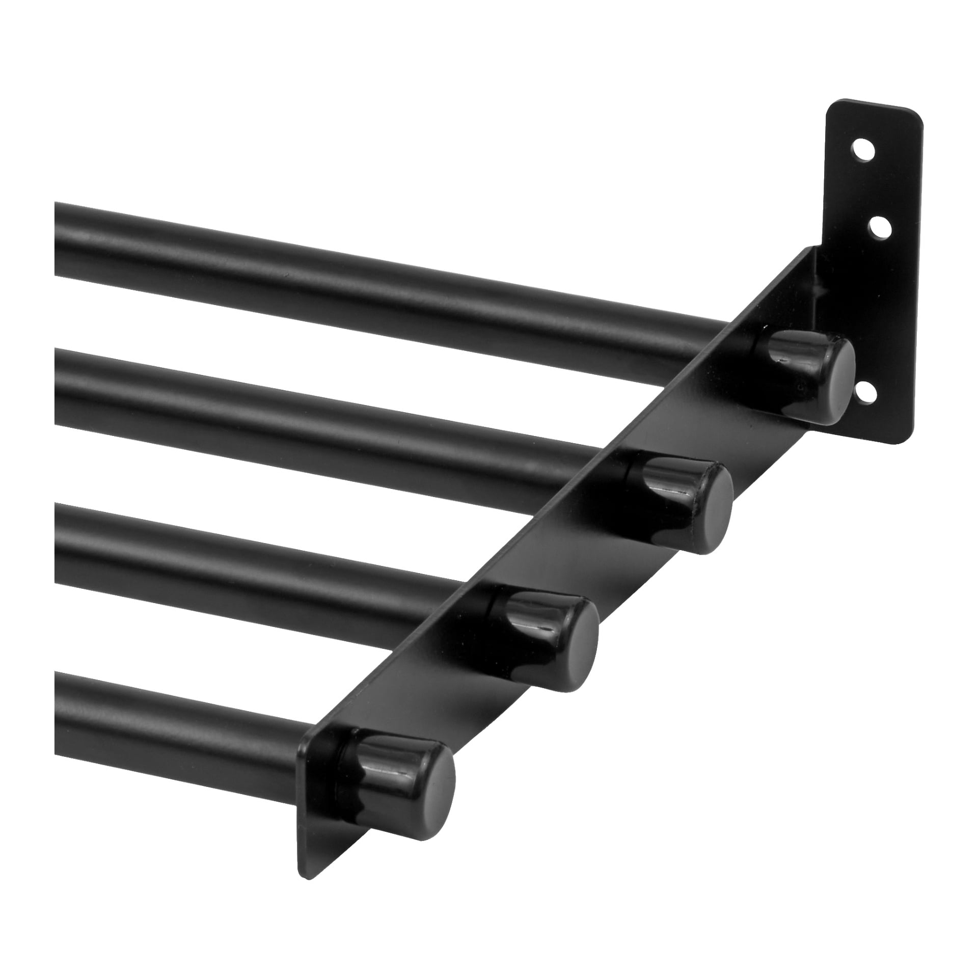EKVIP Sko-/hattställ är en väggmonterad enhet av svart metall, bestående av fyra parallella cylindriska stänger med rundade ändar. Dess sidopanel har tre monteringshål.