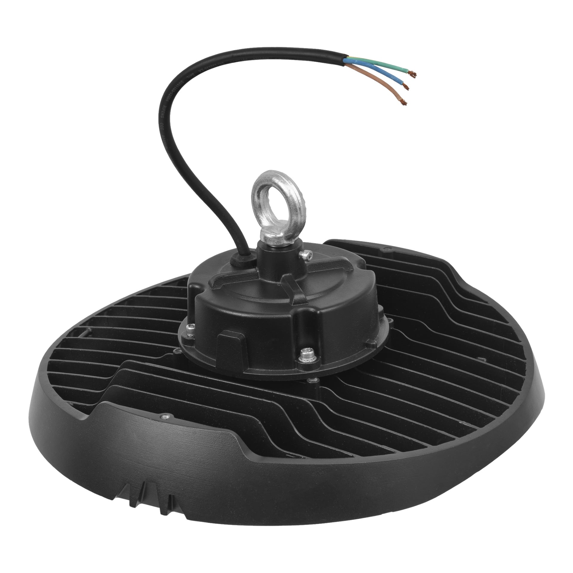 Anslut Industrial armatur LED: En cirkulär svart LED-lampa med en fenad kylfläns, central monteringskrok och tre synliga elledningar som går ut från toppen.