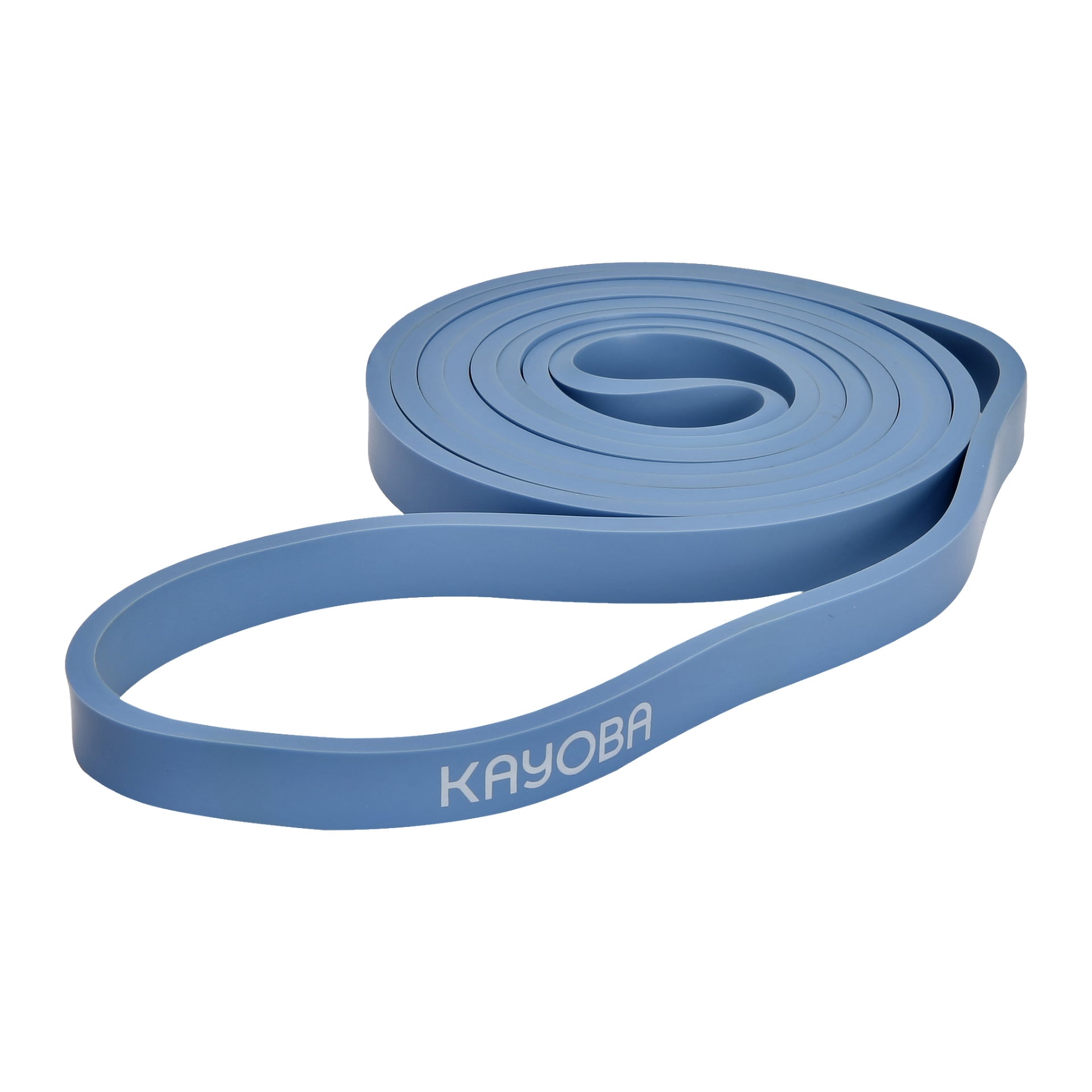 Ett ringlat blått träningsband från Kayoba Exercise Bands tvådelade set, med varumärket visat i vitt i ena änden.