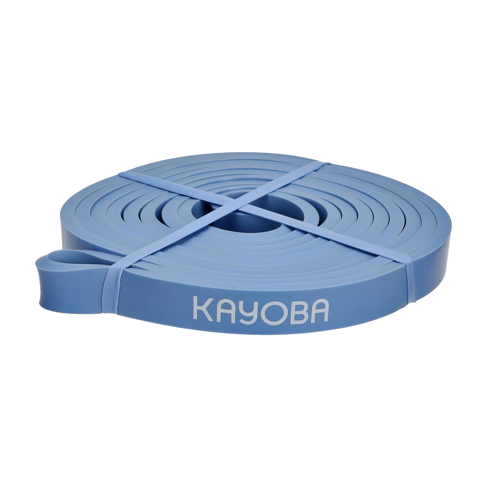 Två blå träningsband från Kayoba, lindade och hållna på plats av korsade blå gummiband, med varumärket visat på sidan av varje band.