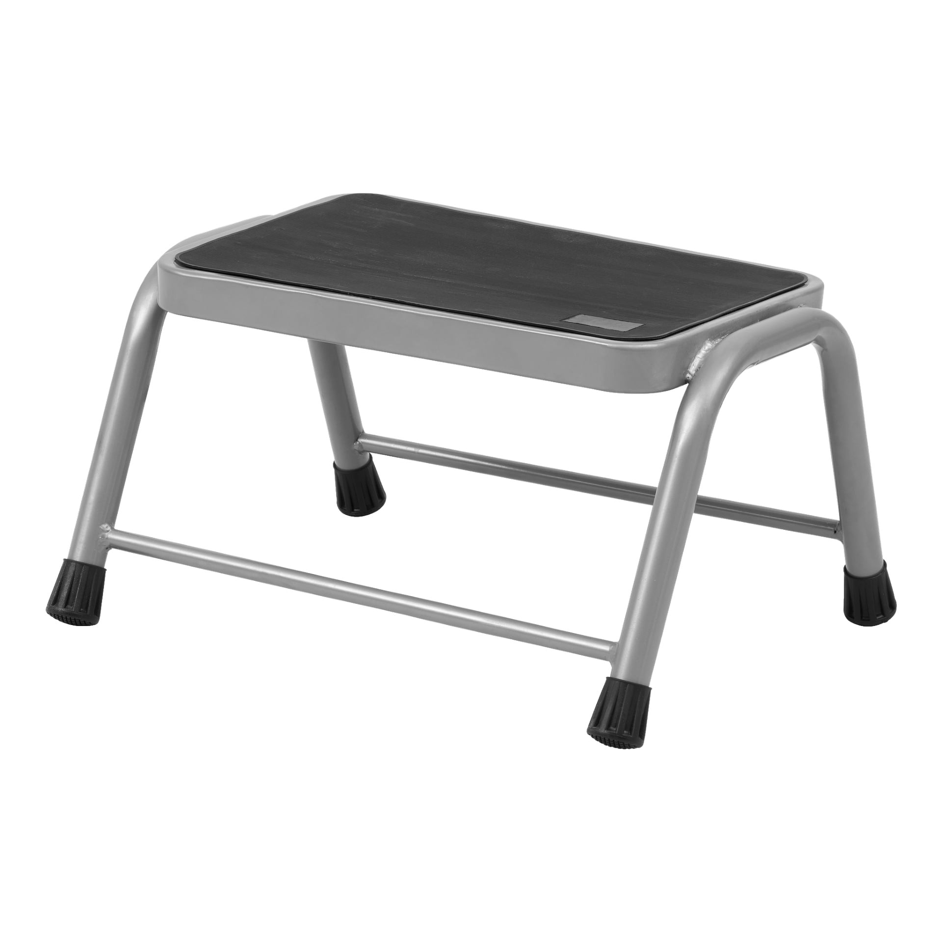 Hard Head Step Stool för Caravan har en stark metallram med fyra ben, var och en käppad med svarta halkfria gummifötter. Den har en svart texturerad yta på sin rektangulära plattform för att ge stabil och säker grund.