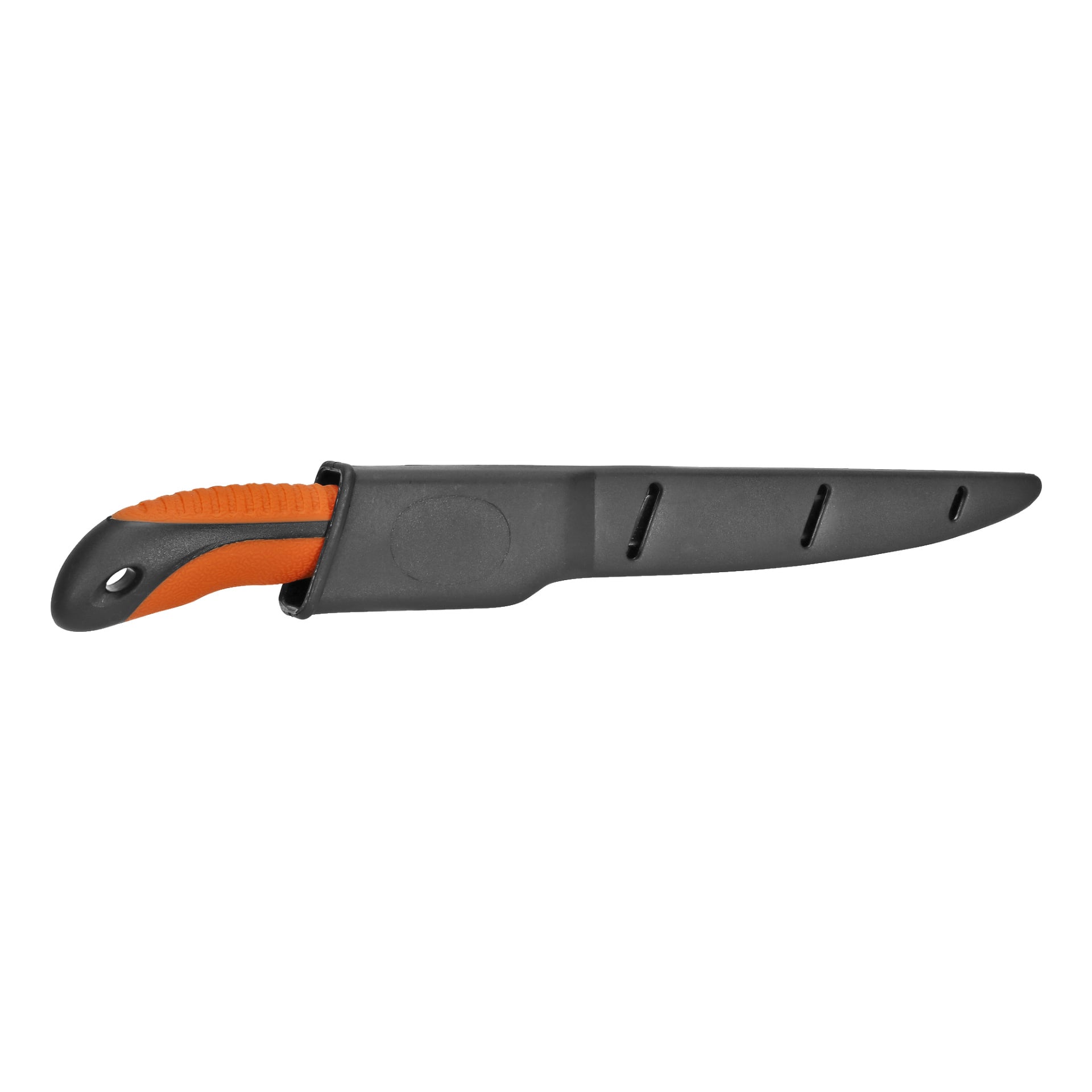 En Kayoba-filékniv med ett ergonomiskt utformat orange och svart handtag är delvis dolt av ett svart plasthölje med tre spår och en rundad sänkning nära mitten.