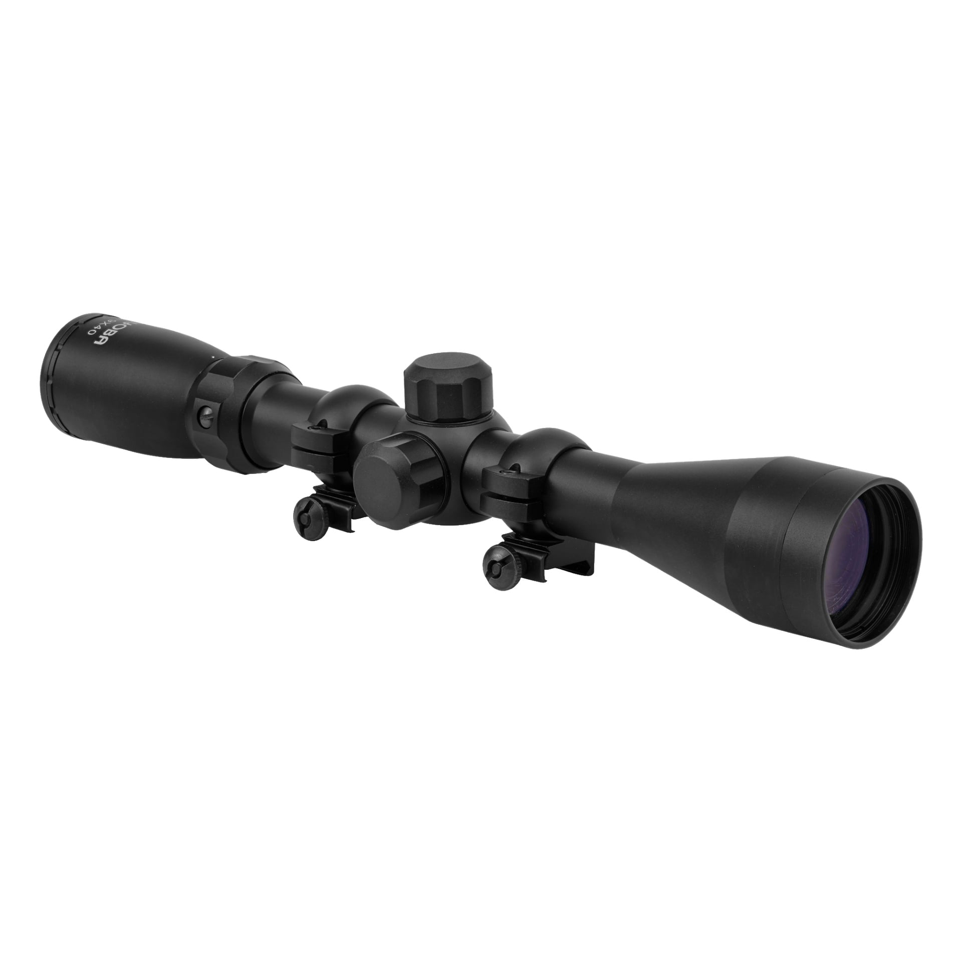 Ett svart Kayoba teleskopsikte med justerknappar och monteringsfästen, avsett att förbättra siktprecisionen när det är fäst vid ett vapen.