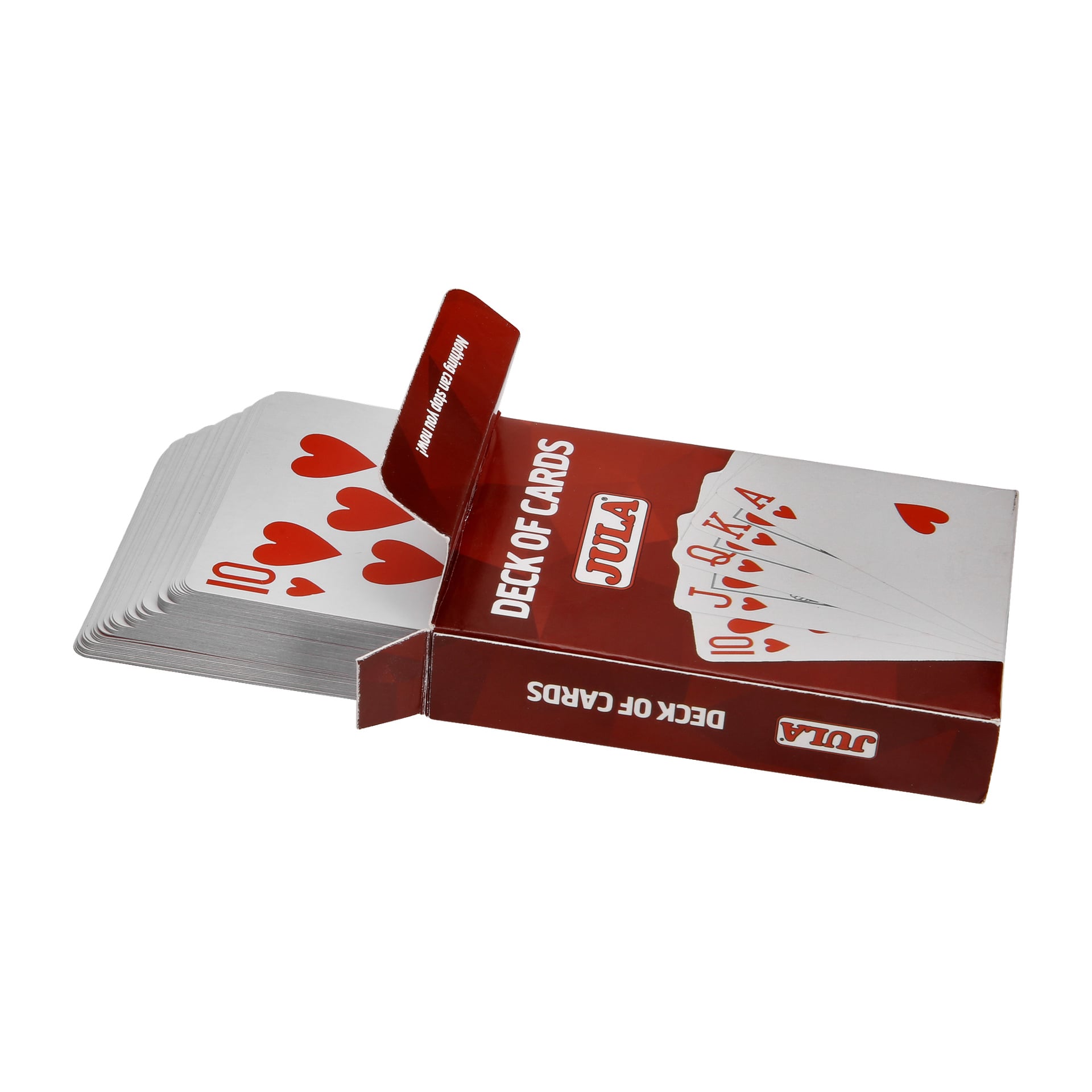 En öppen röd och vit låda märkt "Jula Pack of cards" visar en delvis utspridd hög med spelkort och avslöjar flera hjärterfärgskort såsom 10, knekt, dam, ess och 3.