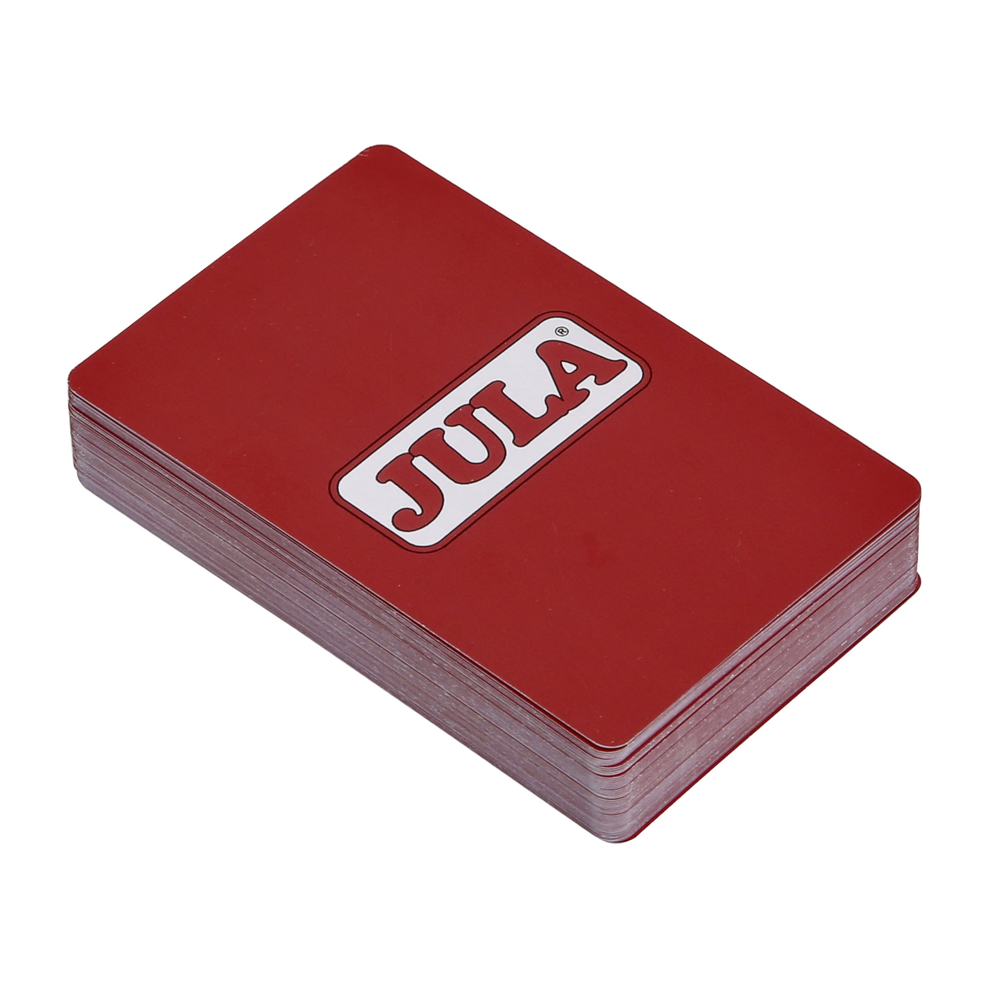 Ett set rektangulära röda kort från märket Jula, med "JULA" tryckt i fet vita och röda bokstäver på det övre kortet.