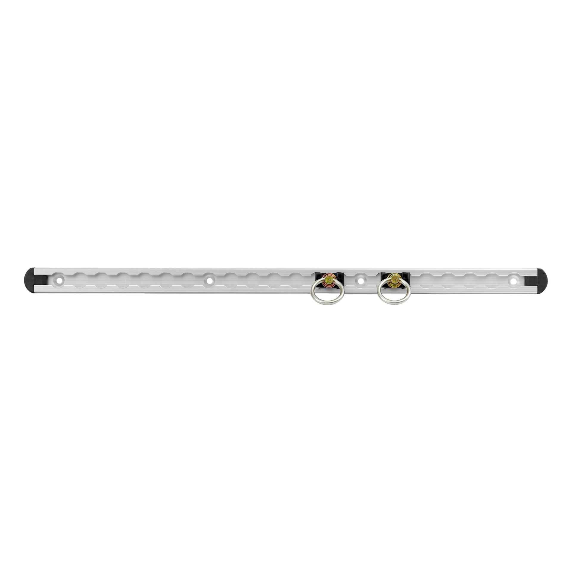 Hamron Mounting Rail 2 Pack innehåller två horisontella metallräls av E-spår med regelbundet placerade spår, tre skruvhål på varje räls, svarta plaständar i båda ändar och ett par fästa silverringar fastsatta med svarta och gula klämmor.