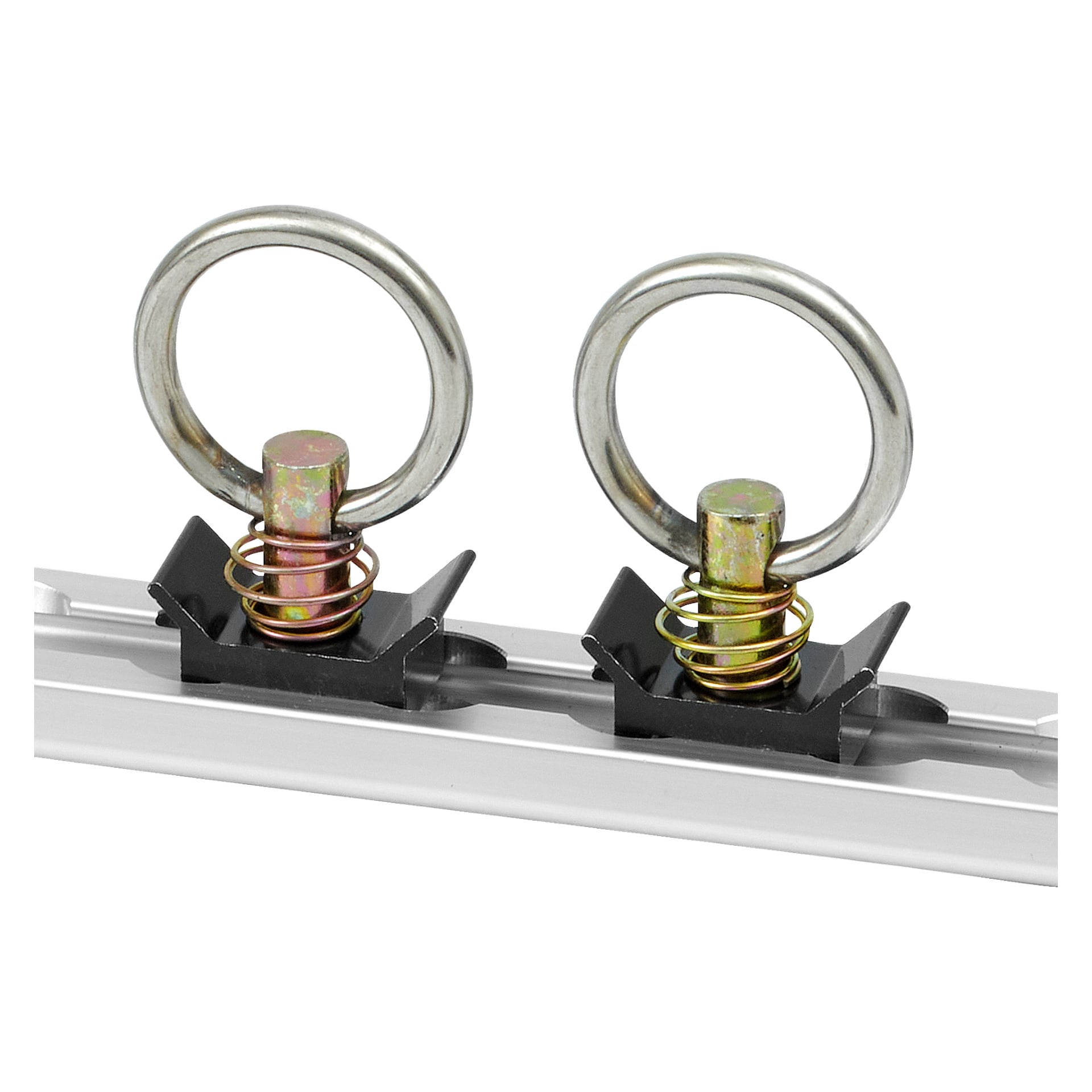 Två metallringar med rundade toppar och synliga spiralfjädrar är fästa vid ett Hamron Mounting Rail 2-pack. Ringarna står upprätt, vilket säkerställer en stabil uppsättning för att säkra last eller utrustning.