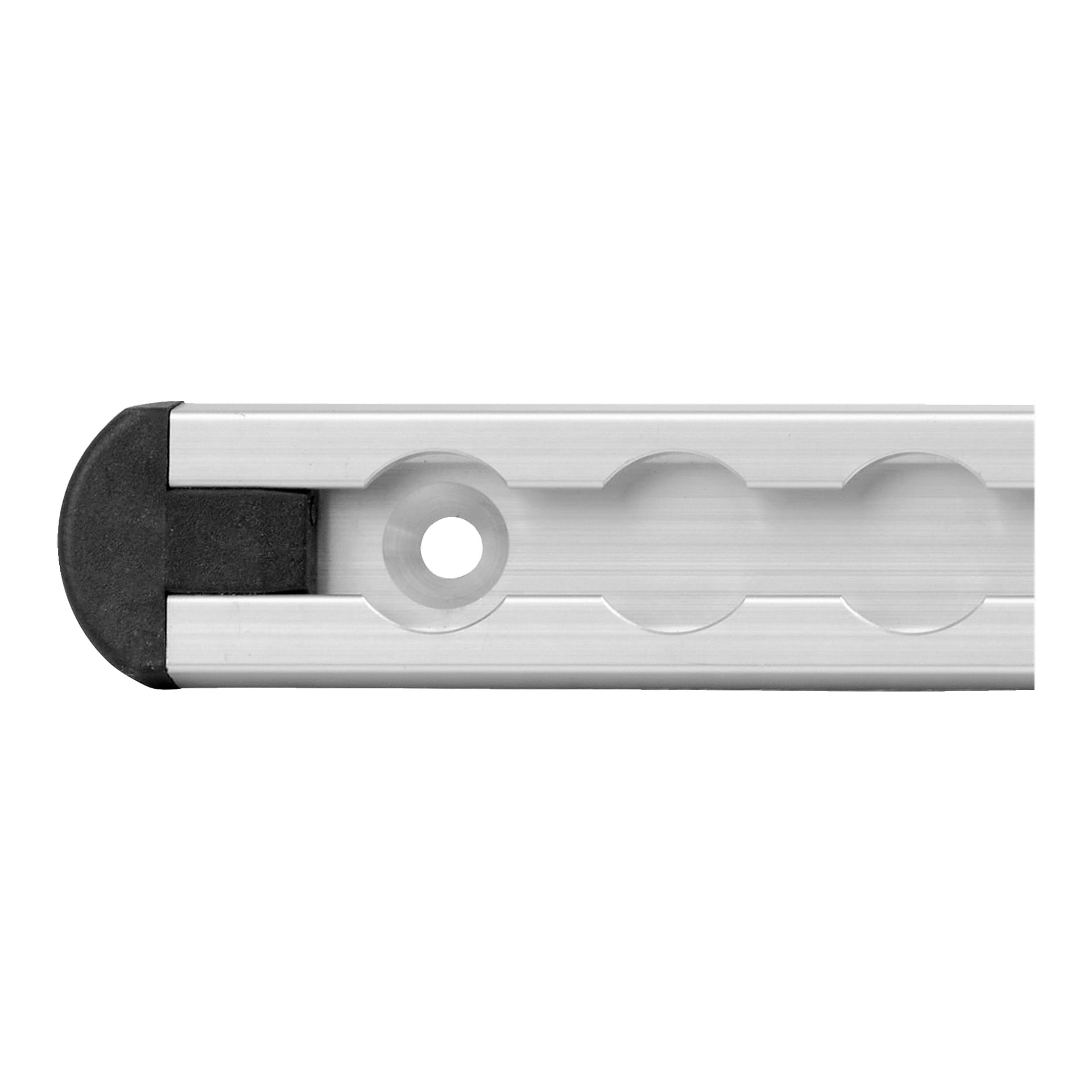 Närbild av en Hamron monteringsskena (2-pack), som visar en metallstång med svart lock i ena änden, rundade spår längs stången och ett centralt hål genom en del.