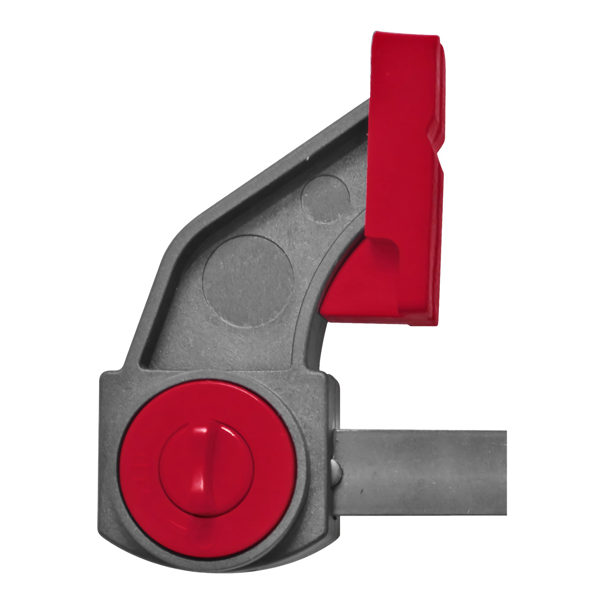 En närbild på Meec Tools Quick Clamp, som visar dess grå och röda färgschema, roterande ratt, vinklade arm och vadderade käke.