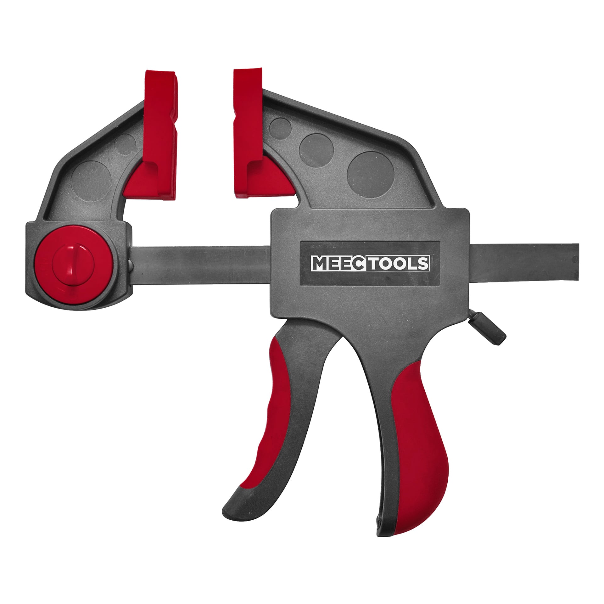 En svart och röd Meec Tools Quick clamp med avtryckarliknande handtag och rörlig käke, avsedd för att fastklämma material ordentligt i träarbete eller byggprojekt.