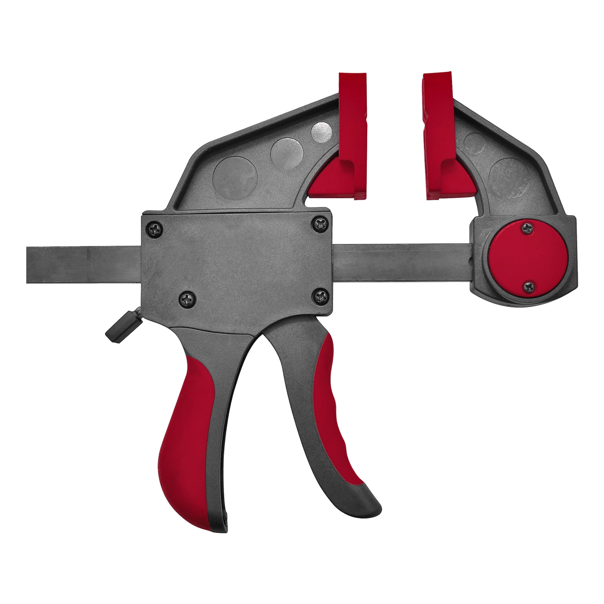 En detaljerad vy av en Meec Tools Quick clamp med svart och rött handtag och röda käkplattor, designad för att säkra saker ordentligt vid montering eller träarbete.