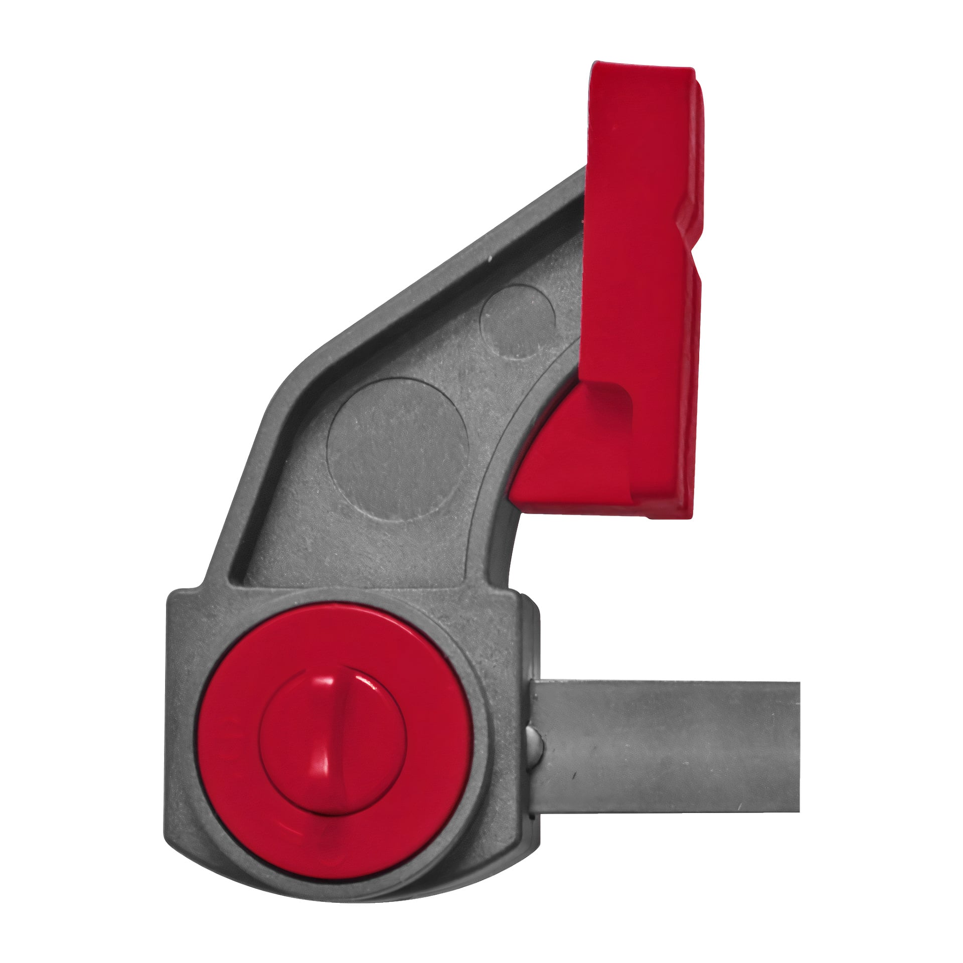 Meec Tools Quick Clamp med en grå och röd plastkropp, en cirkulär röd åtdragningsknapp och en matchande röd greppplatta kopplad till en metallstång.