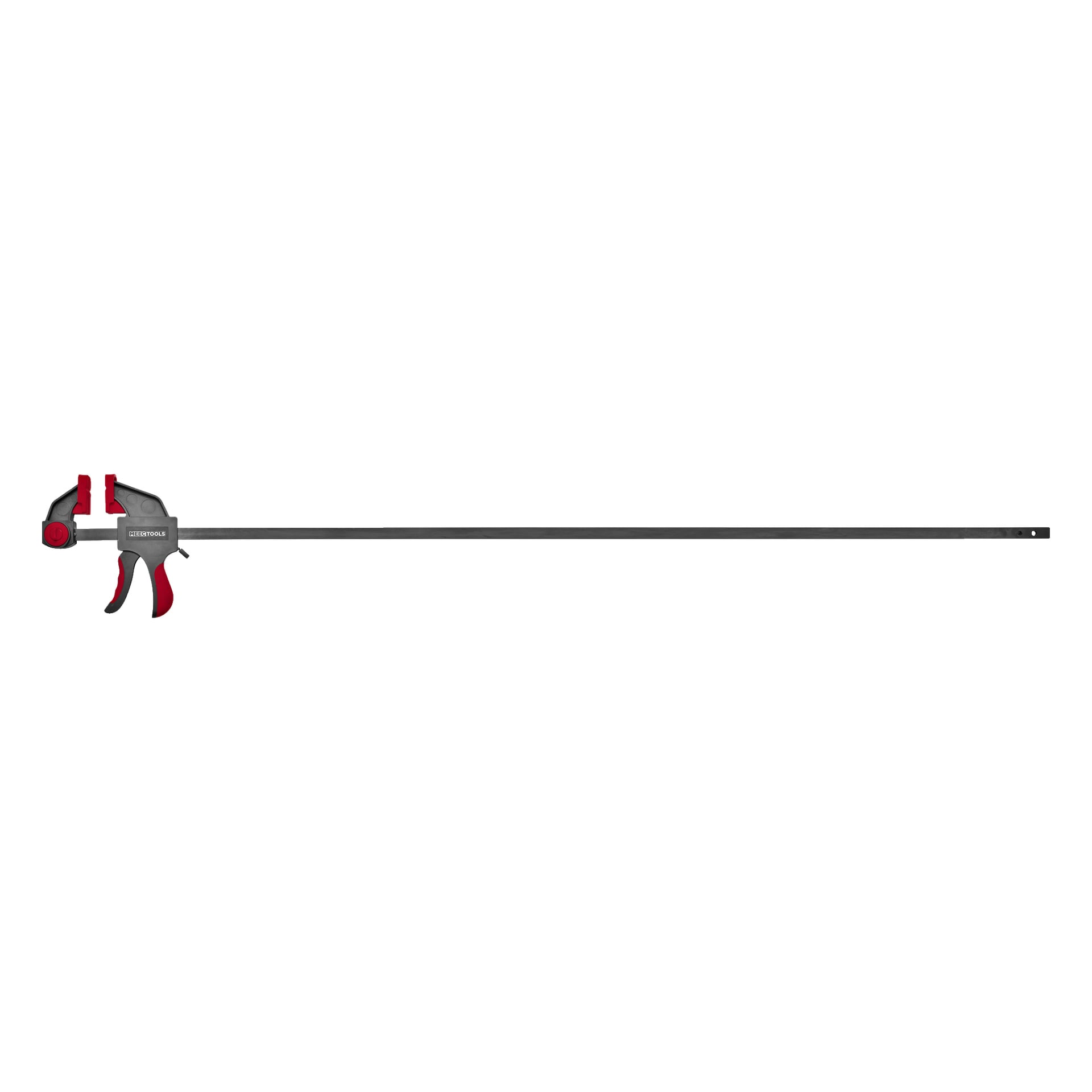 En Meec Tools Quick clamp med en lång svart stång, röda och svarta handtag samt en avtryckare är designad för att säkert hålla ihop föremål.