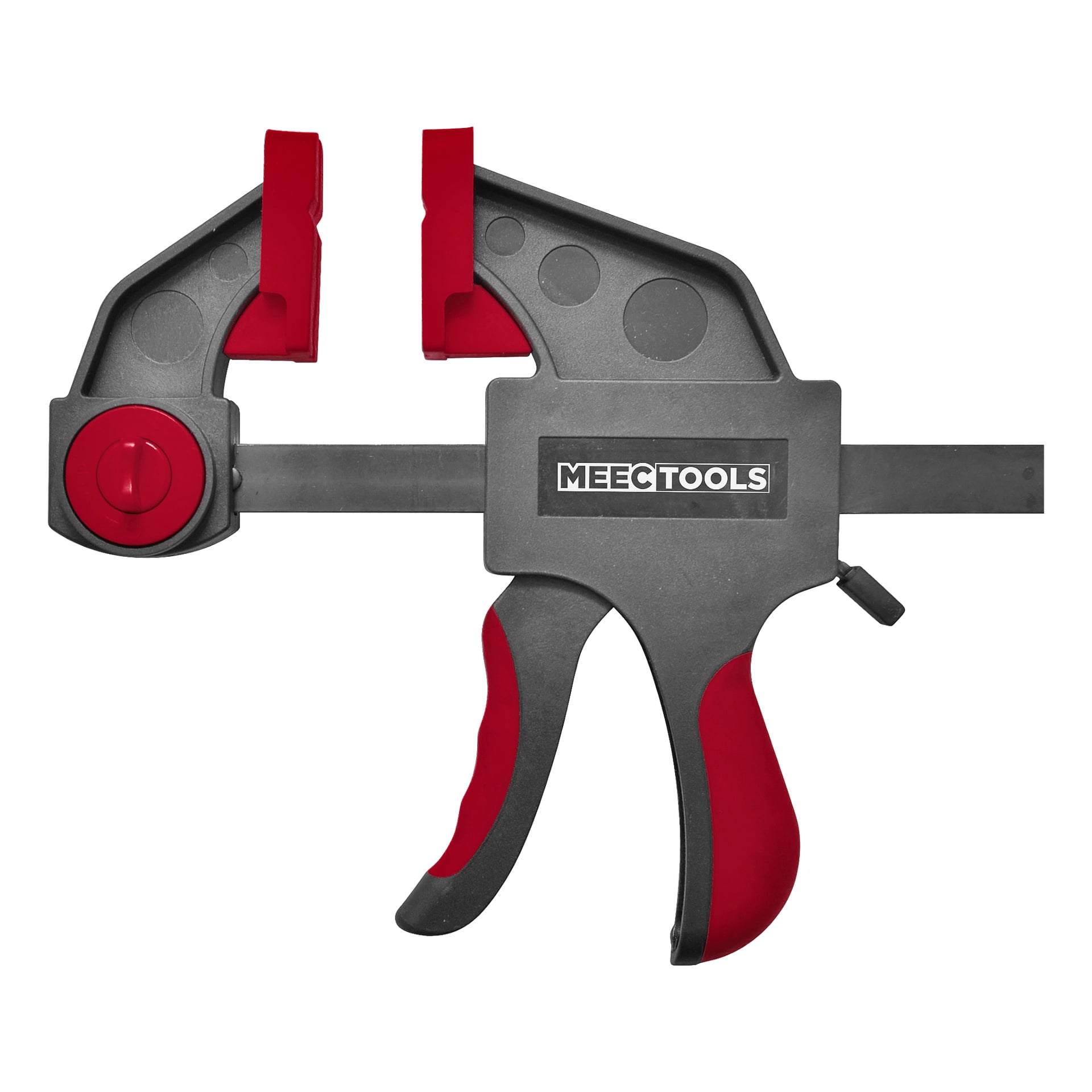 En svart och röd Meec Tools Quick clamp med vadderade käftar, en stadig metallstång och ett avtryckarliknande handtag, använd för att hålla material säkert under träarbete eller gör-det-själv-projekt.