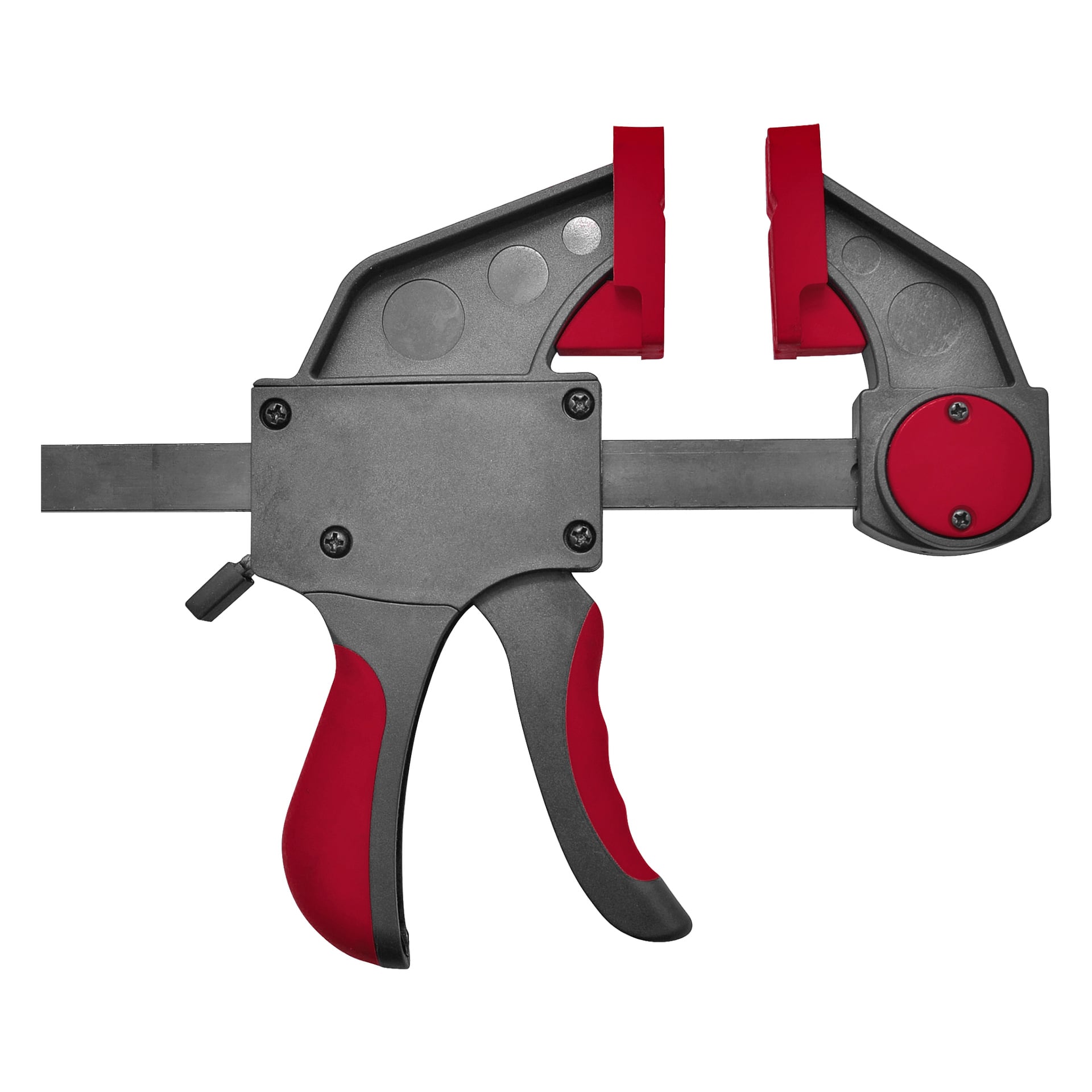 En närbild av Meec Tools Quick Clamp, med svart och röd avtryckarmekanism och ergonomiskt handtag. Klämmans gap är öppna, vilket visar dess funktion för att säkert greppa föremål under träarbete eller reparationsarbete.