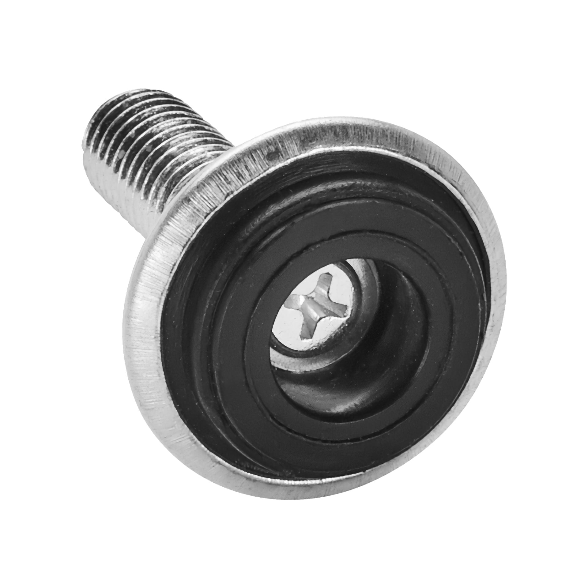En närbild på ett Hard Head "Skruvar för möbelben" (4-pack), som visar metallskruvar med svarta gummibrickor och Phillips-huvuden.