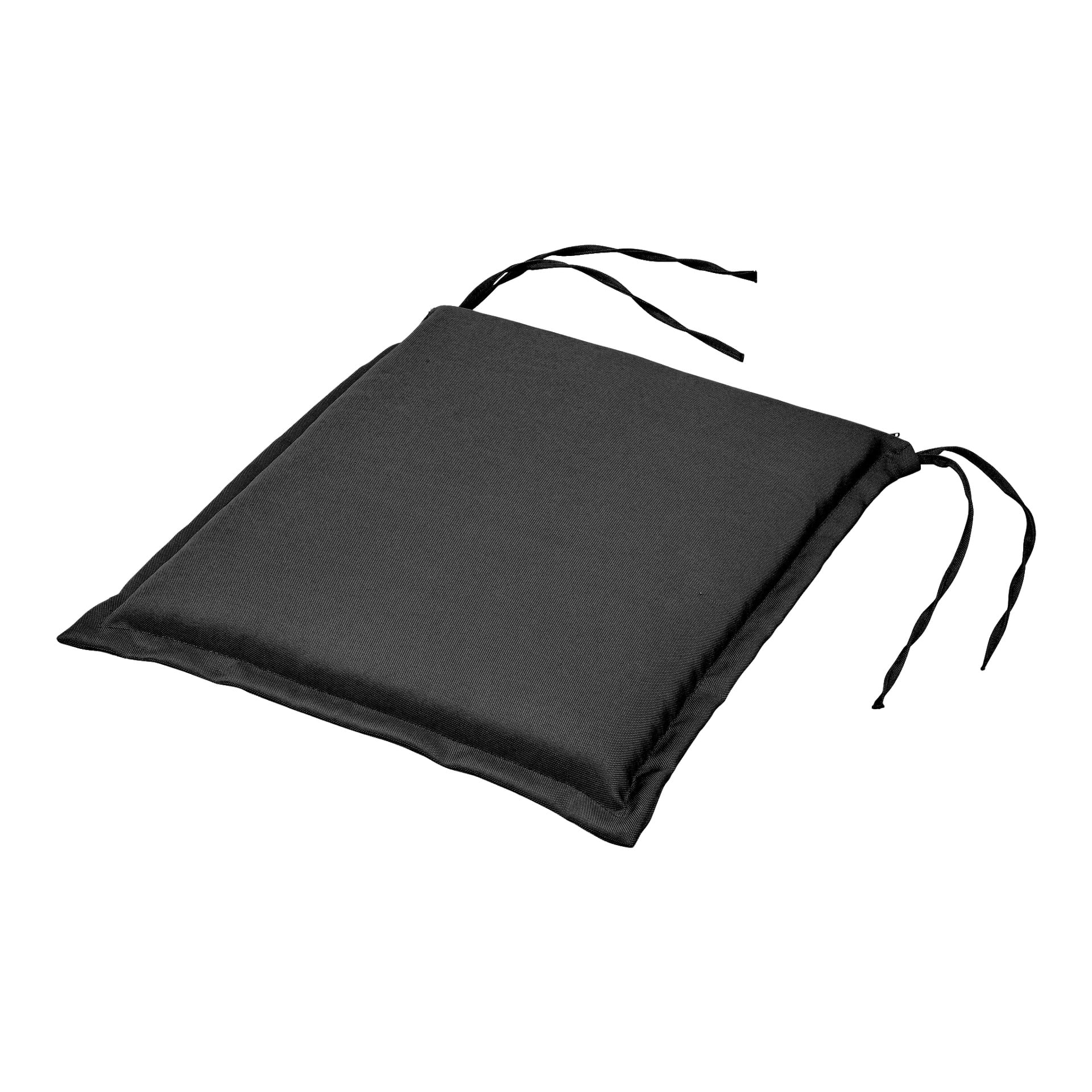 En EKVIP-sitskudde med svart fyrkantig design och två par tygband i hörnen. Dynan ser mjuk och lätt vadderad ut.