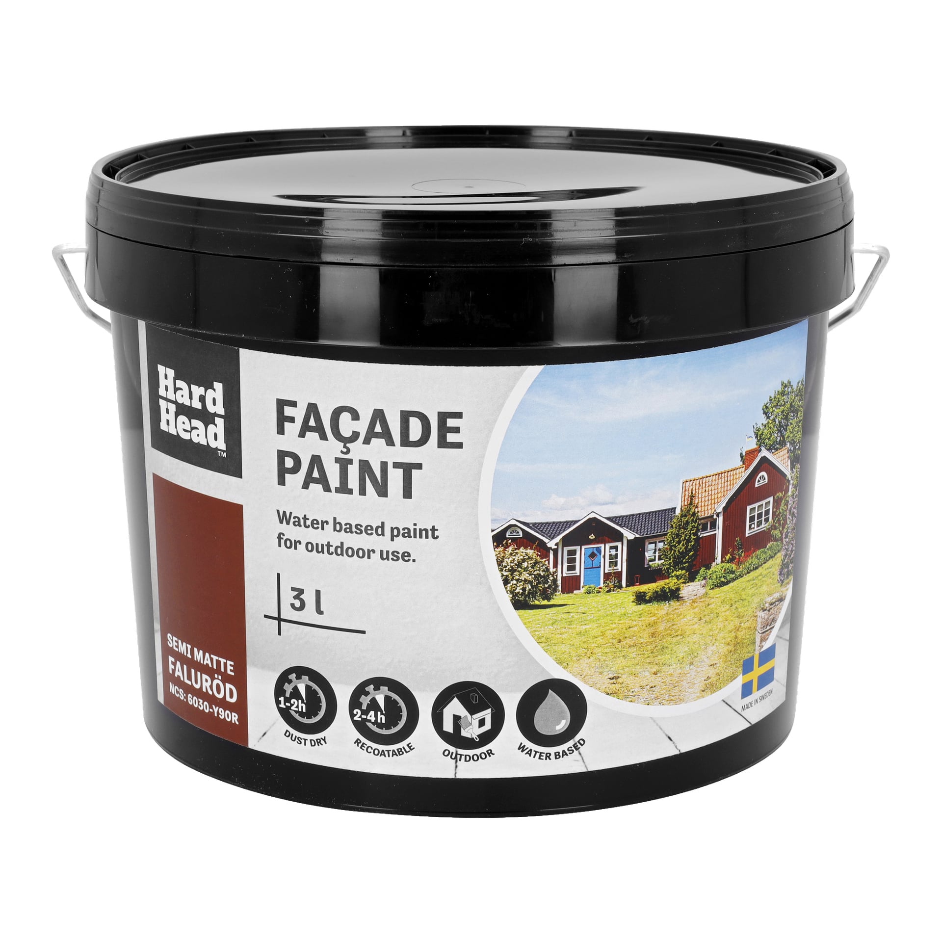 En 3L svart plasthink märkt Hard Head Façade paint, med text som anger för utomhusbruk, semimatt finish och dammtorkning på 1–2 timmar. Etiketten visar också bilder på hus och ikoner som visar viktiga produktfunktioner.