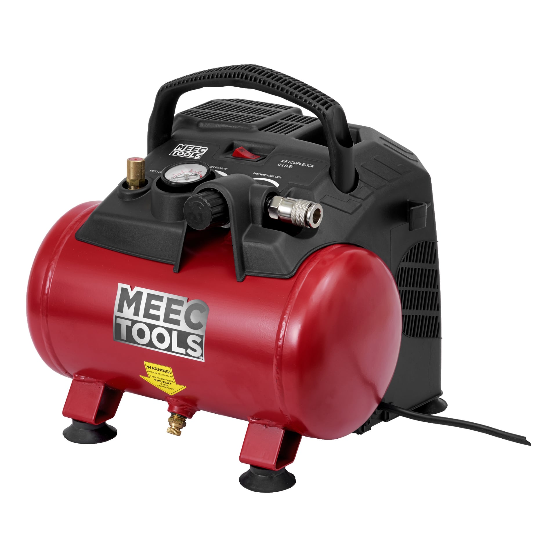 En röd och svart Meec Tools Compressor med tryckmätare, stadigt handtag, ansluten strömkabel och fyra svarta sugfötter.