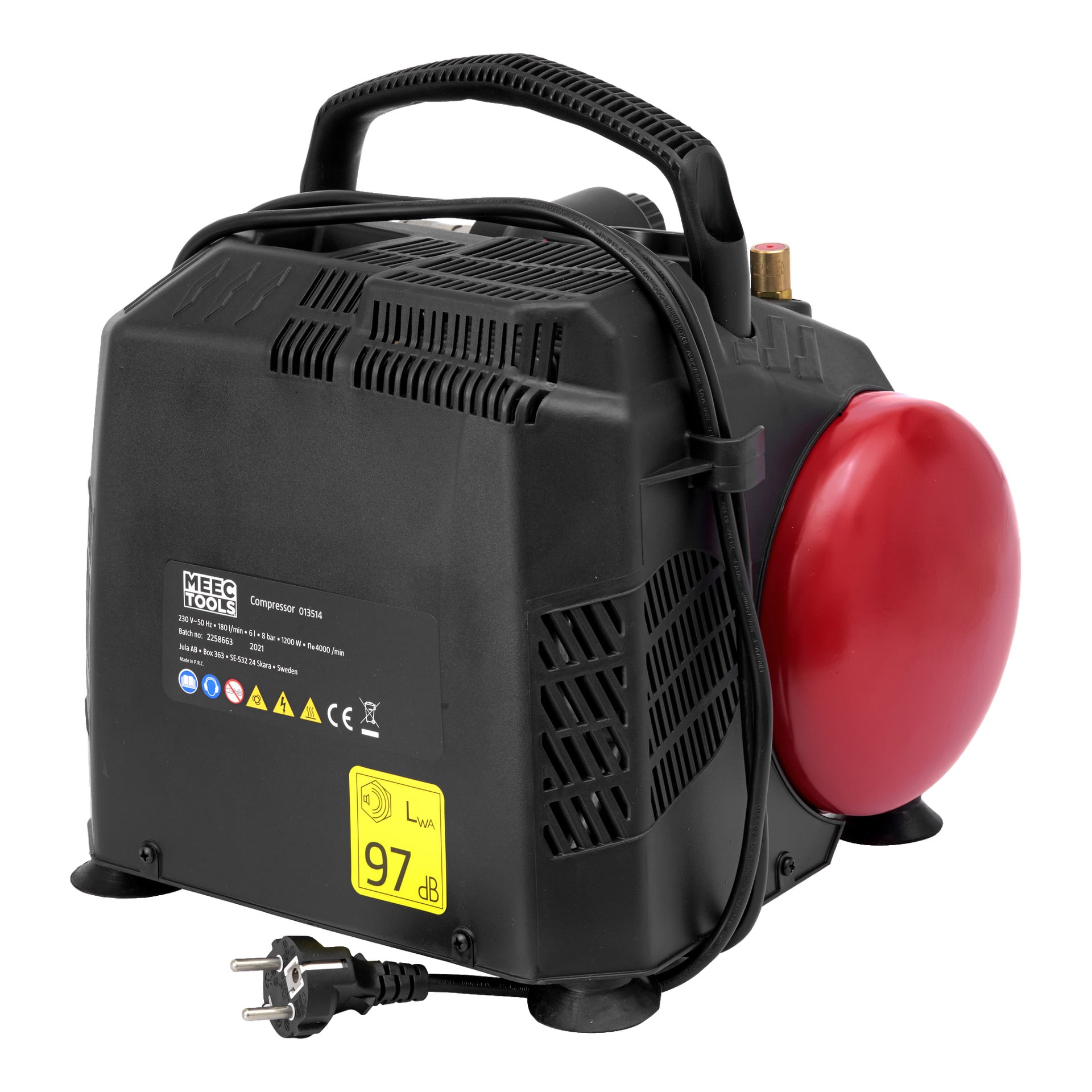 En liten svart och röd Meec Tools-kompressor med handtag, strömkabel och sidoventilationsluckor. Tillverkarens detaljer visas på sidan tillsammans med en 97 dB ljudnivåetikett.