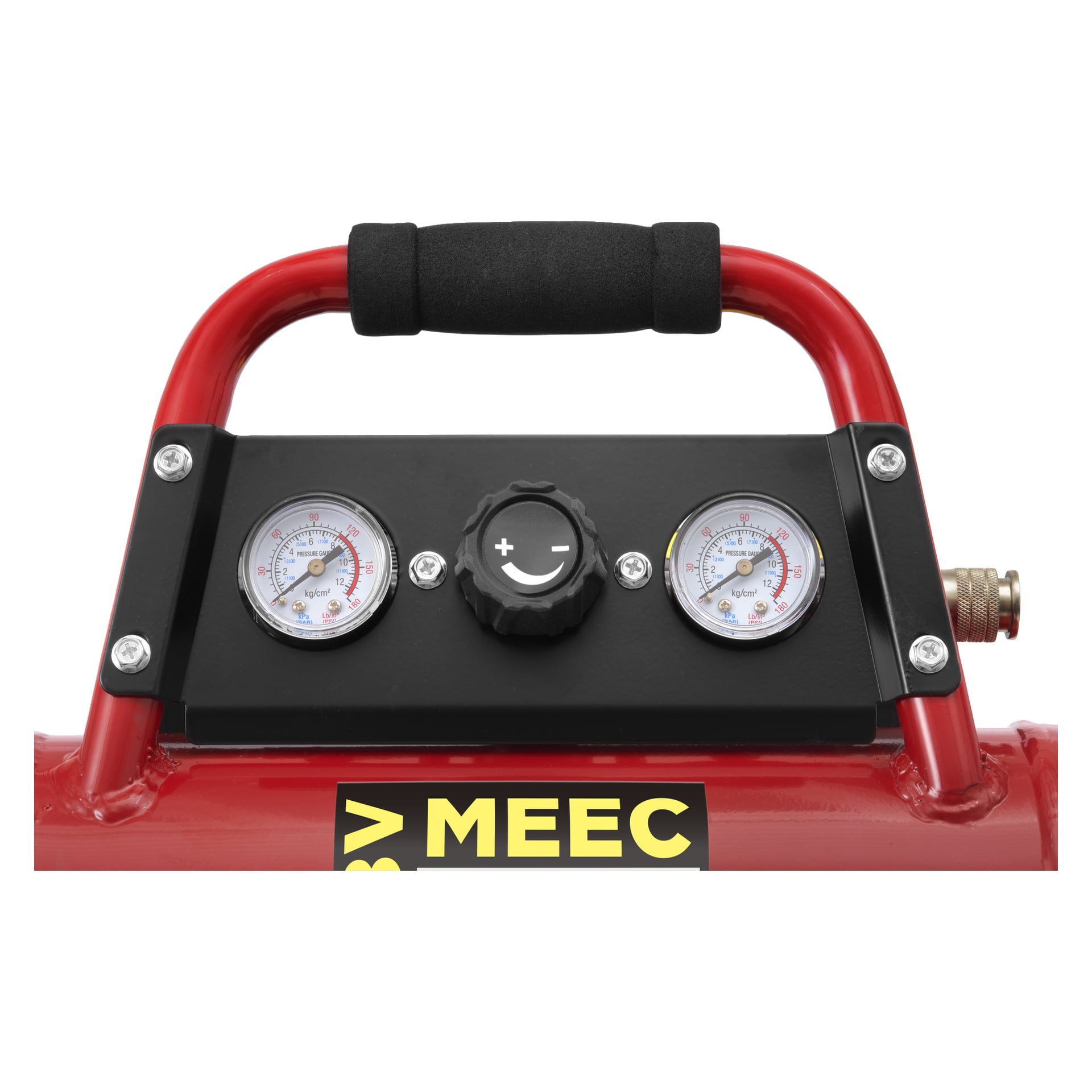Närbild av kontrollpanelen på en Meec Tools Multiseries batteridriven kompressor CB-18V HOME 500, som visar två tryckmätare, en svart central justeringsknapp med plus- och minussymboler samt en gul Meec Tools-etikett som delvis syns längst ner.
